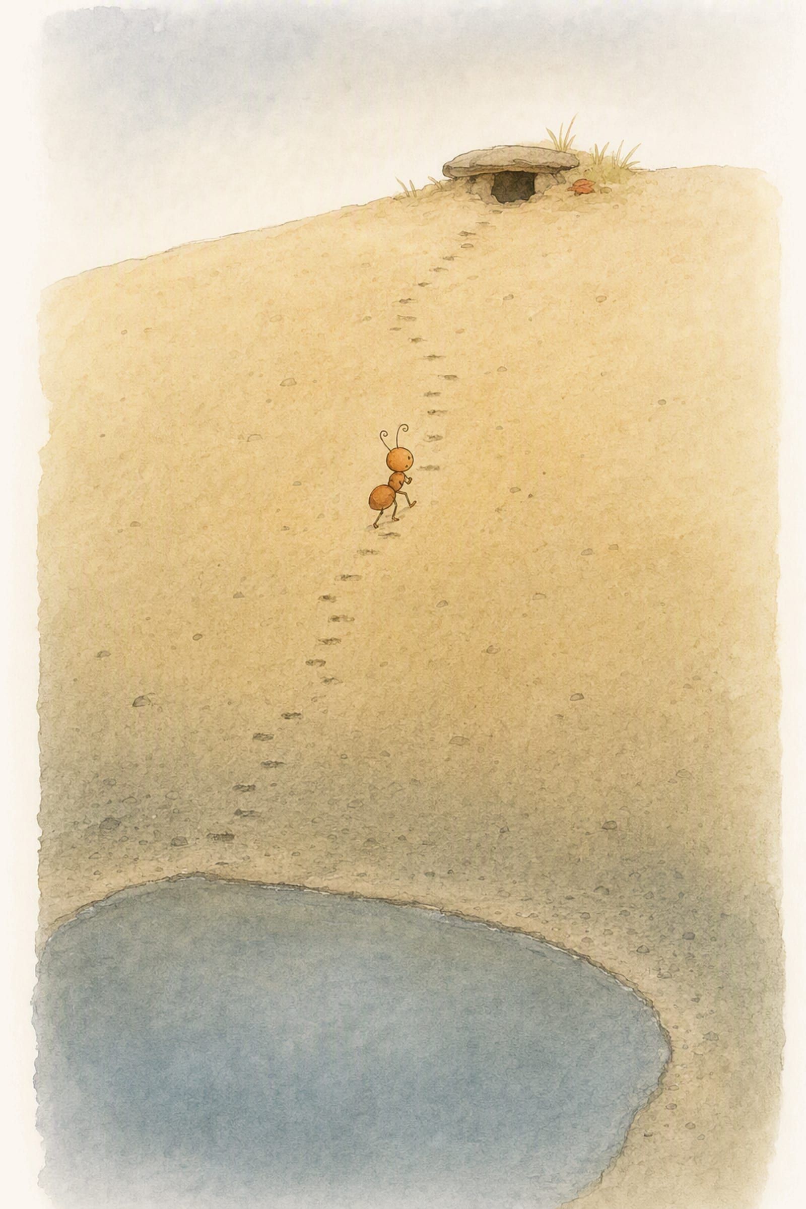 Pip climbs the tiny worn steps up the sand at noon with his dark doorway open above him and the empty pool below, unhurried.