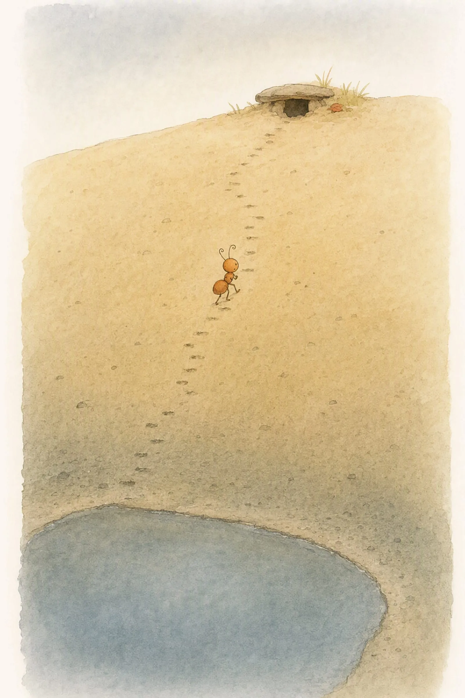 Pip climbs the tiny worn steps up the sand at noon with his dark doorway open above him and the empty pool below, unhurried.