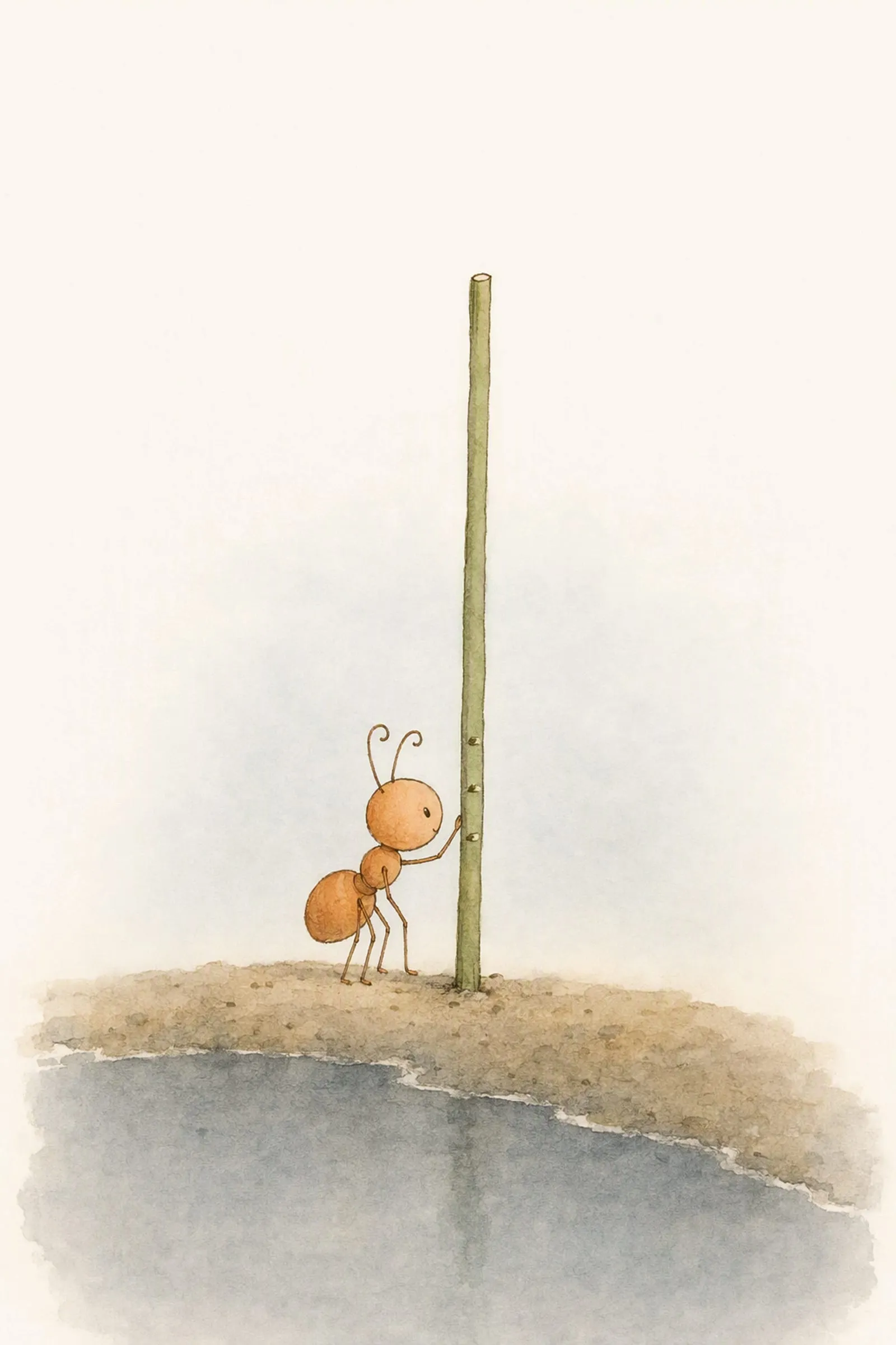 Pip reaches up the thin reed at the pool's edge to the newest of three tiny marks low on its stem, careful and serious.