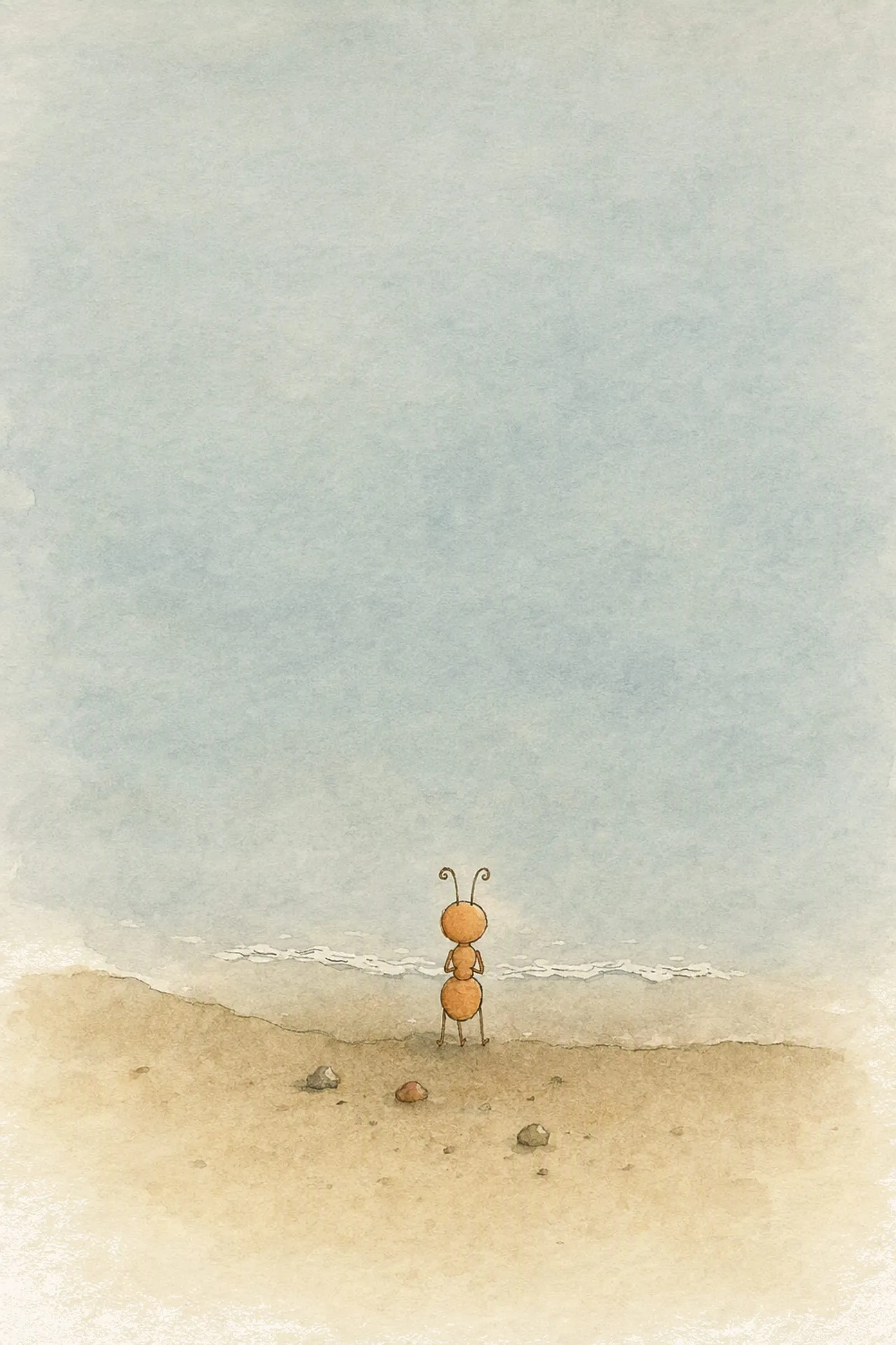 Seen from behind, Pip stands at the edge of empty grey water with his front limbs folded and his feet in the dark wet sand, upright.