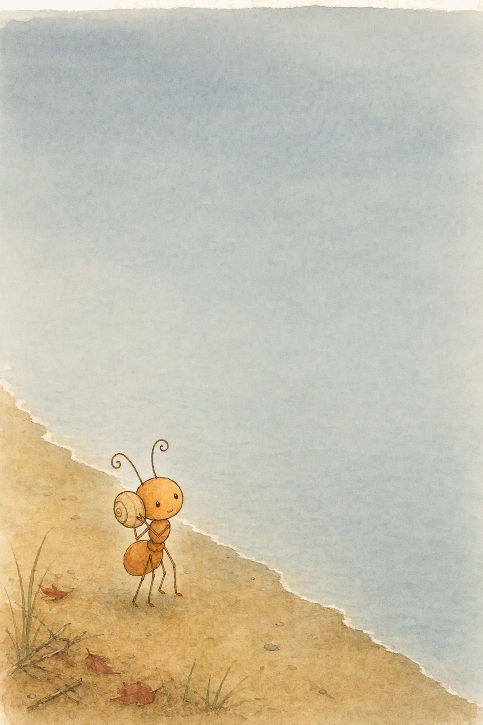 Pip holds the small curled shell against the side of his head on the wet sand, looking out across empty water, attentive and checking.