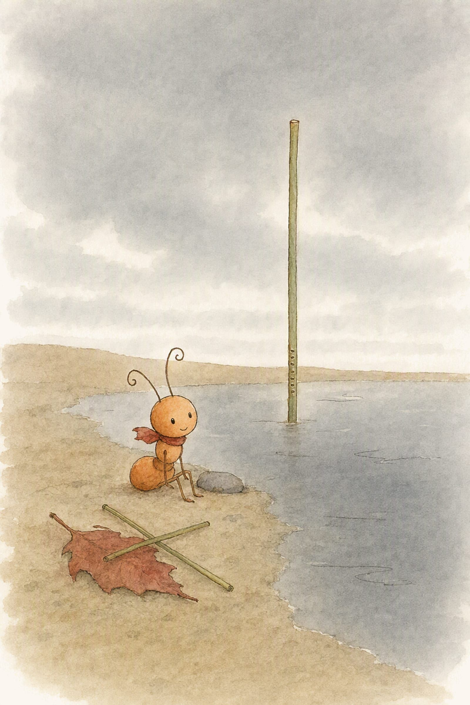 Wrapped in his scarf, Pip sits on the sand beside the greying pool, the marked reed standing in the shallows and two cut stems lying crossed over a fallen leaf, quiet and idle.