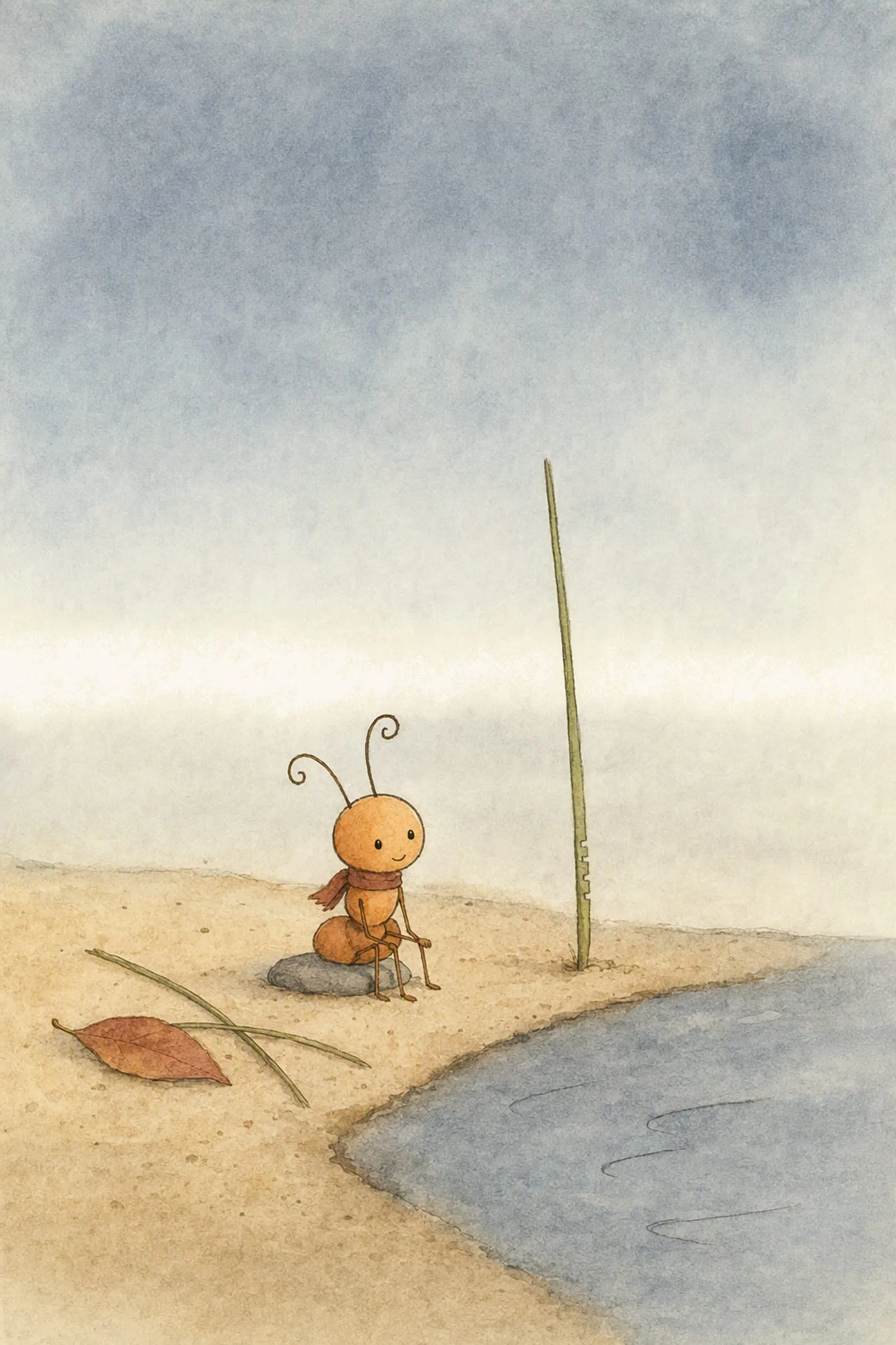 Wrapped in his scarf, Pip sits beside the greying pool among reeds and a leaf lying unarranged where they fell, quiet and idle.