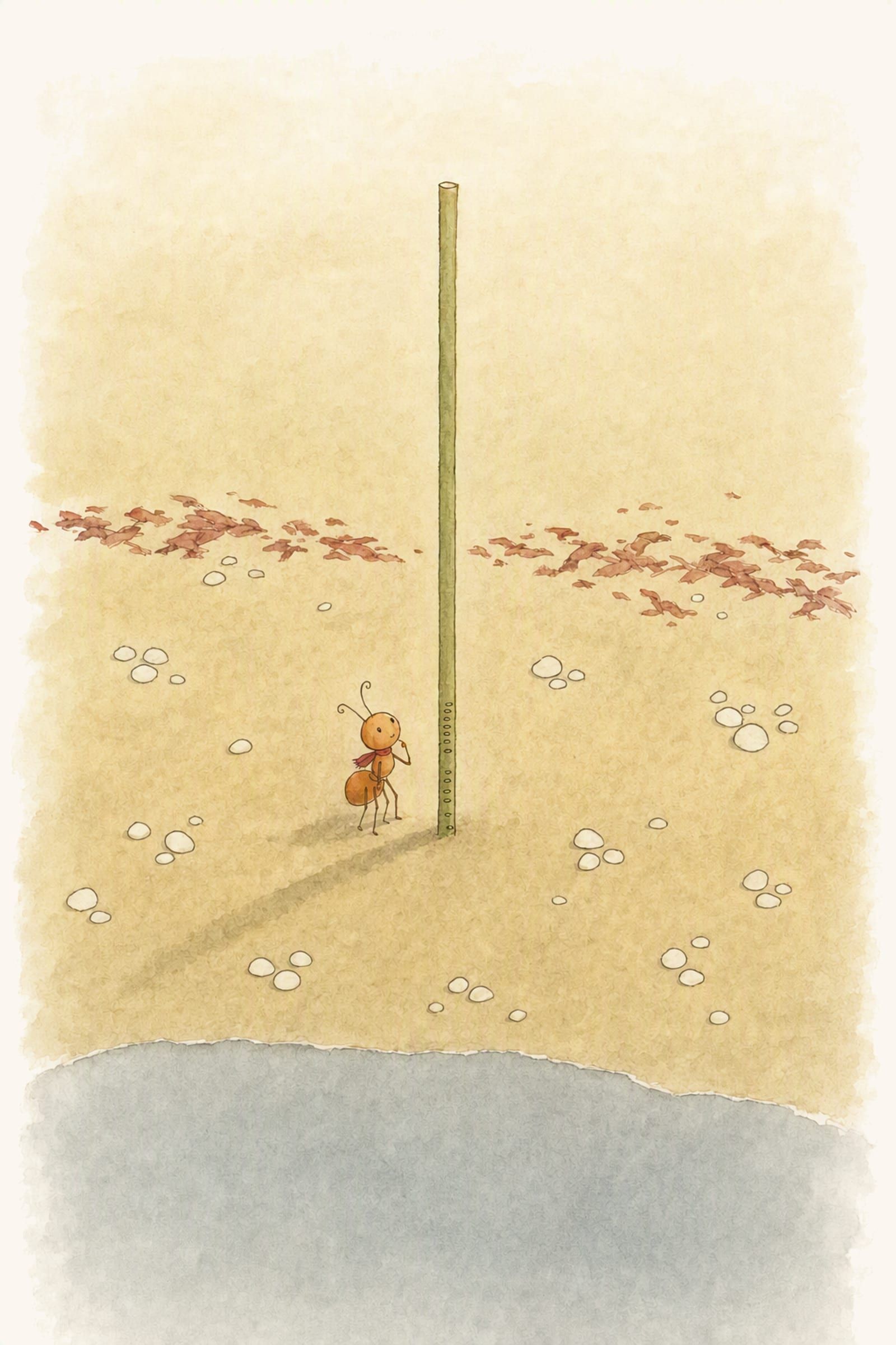 The storm has scattered Pip's white pebbles and laid a high line of weed, and the marked reed still stands; Pip looks up at it.