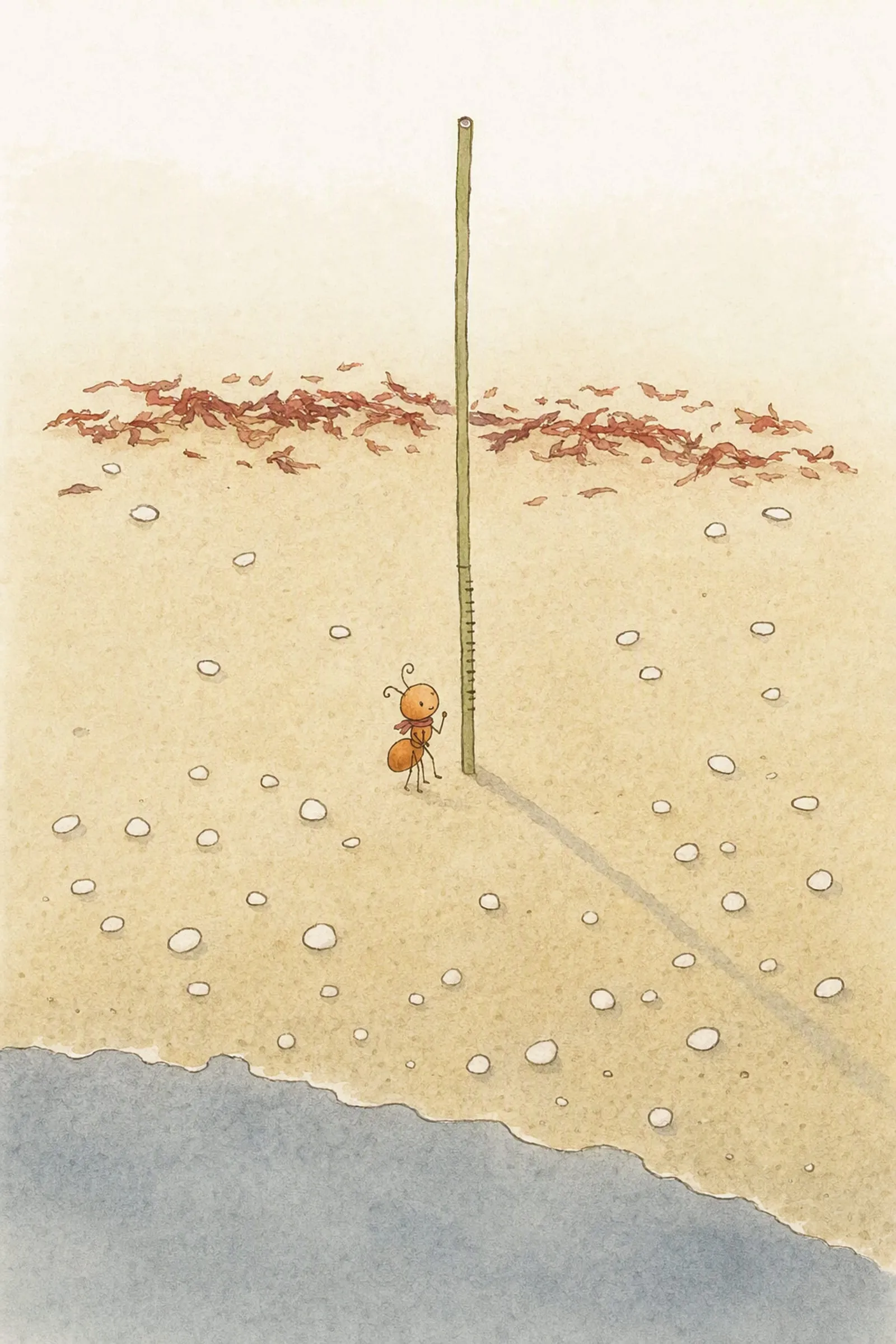 The storm has scattered Pip's white pebbles and laid a high line of weed, and the marked reed still stands; Pip looks up at it.