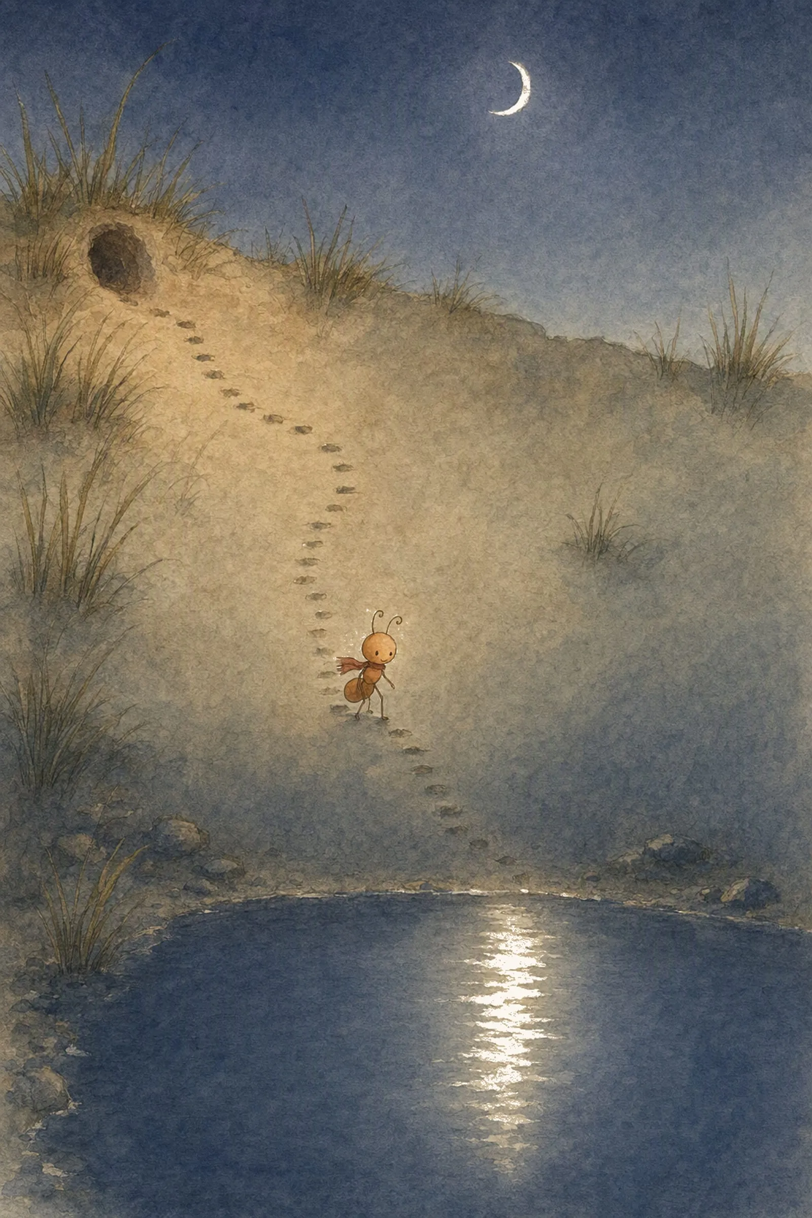 Pip comes down the tiny worn steps in the deep blue night under a thin crescent moon, the still pool far below him, occupied.