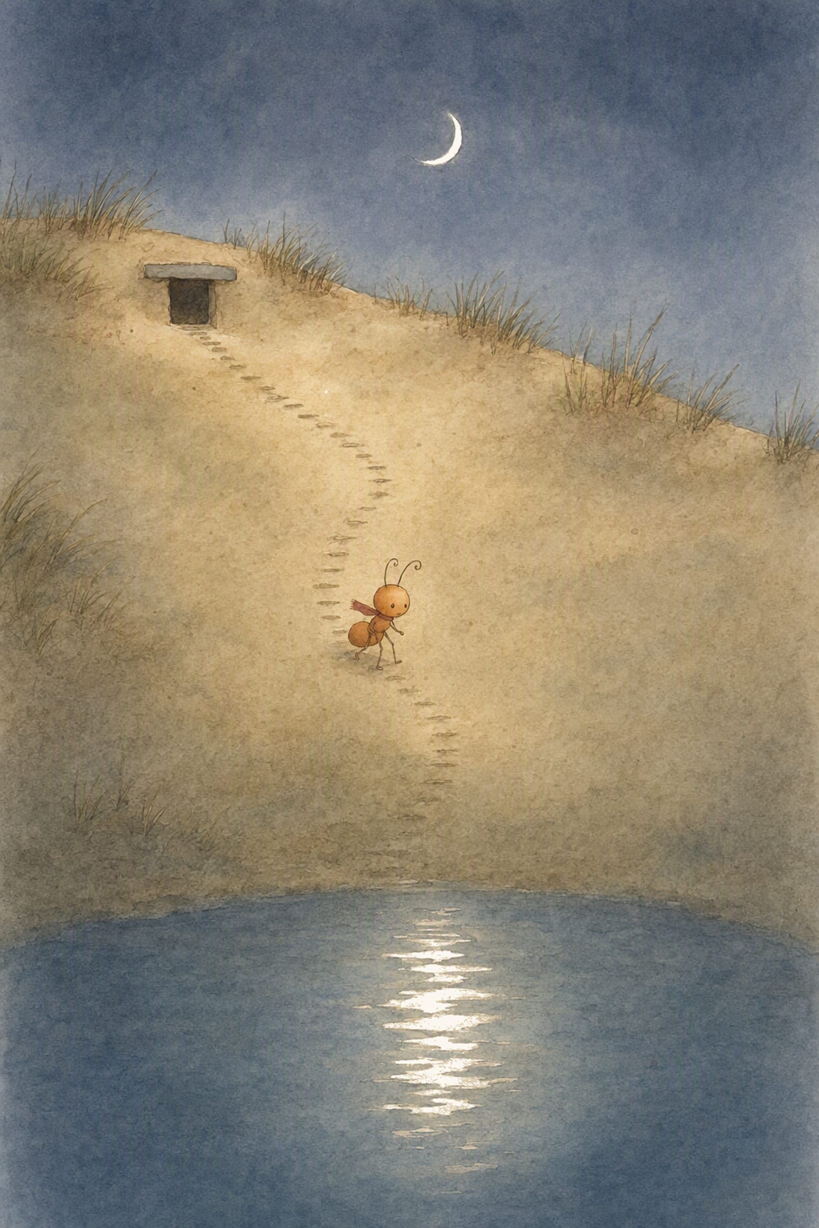 Pip comes down the tiny worn steps in the deep blue night under a thin crescent moon, his doorway and its flat stone lintel above him and the still pool far below, occupied.