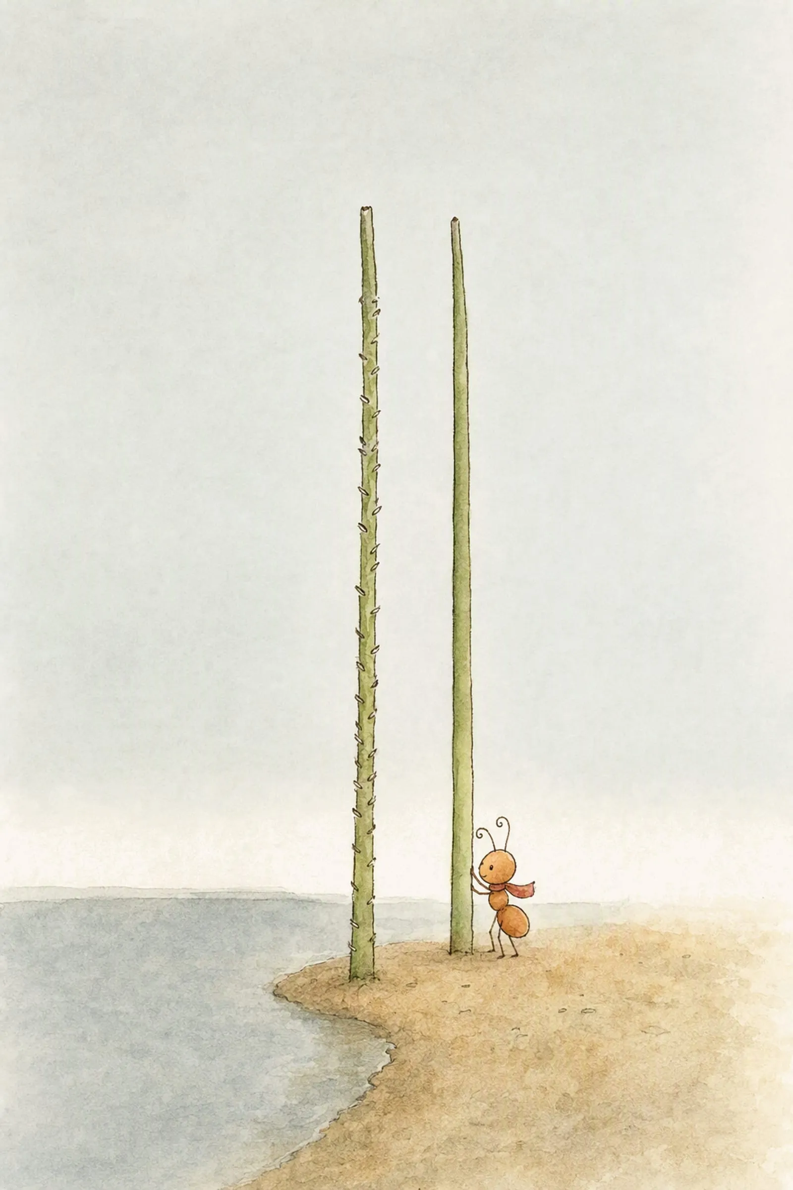 Pip stands a clean second reed in the damp sand beside the first, whose lower stem is crowded with small marks, careful and squarely committed.