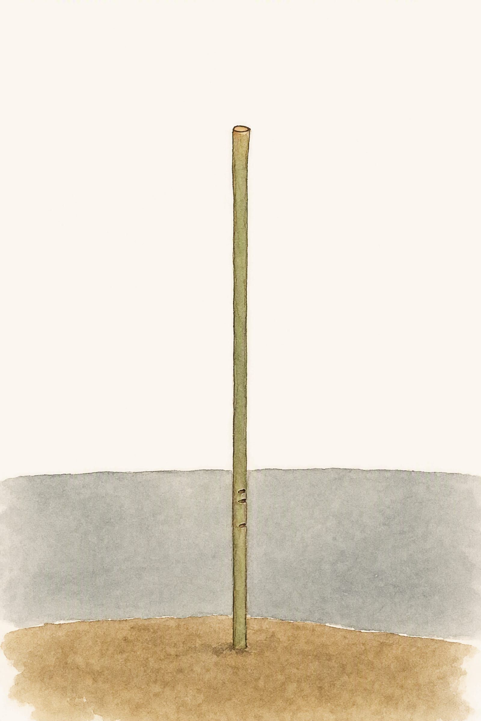 The second reed stands alone at the still pool with three small marks low on its stem, the upper two almost touching, and nothing else.