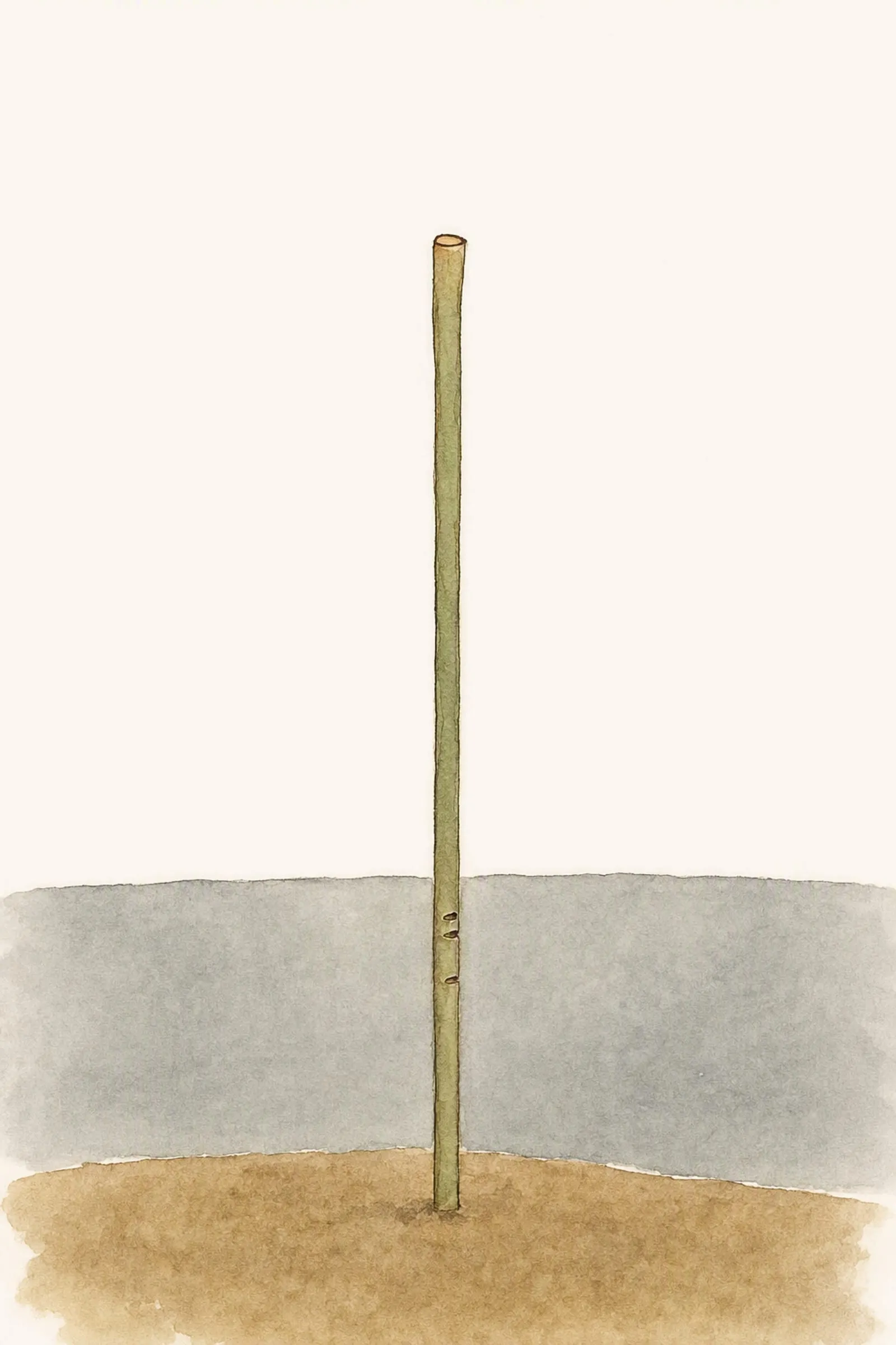 The second reed stands alone at the still pool with three small marks low on its stem, the upper two almost touching, and nothing else.