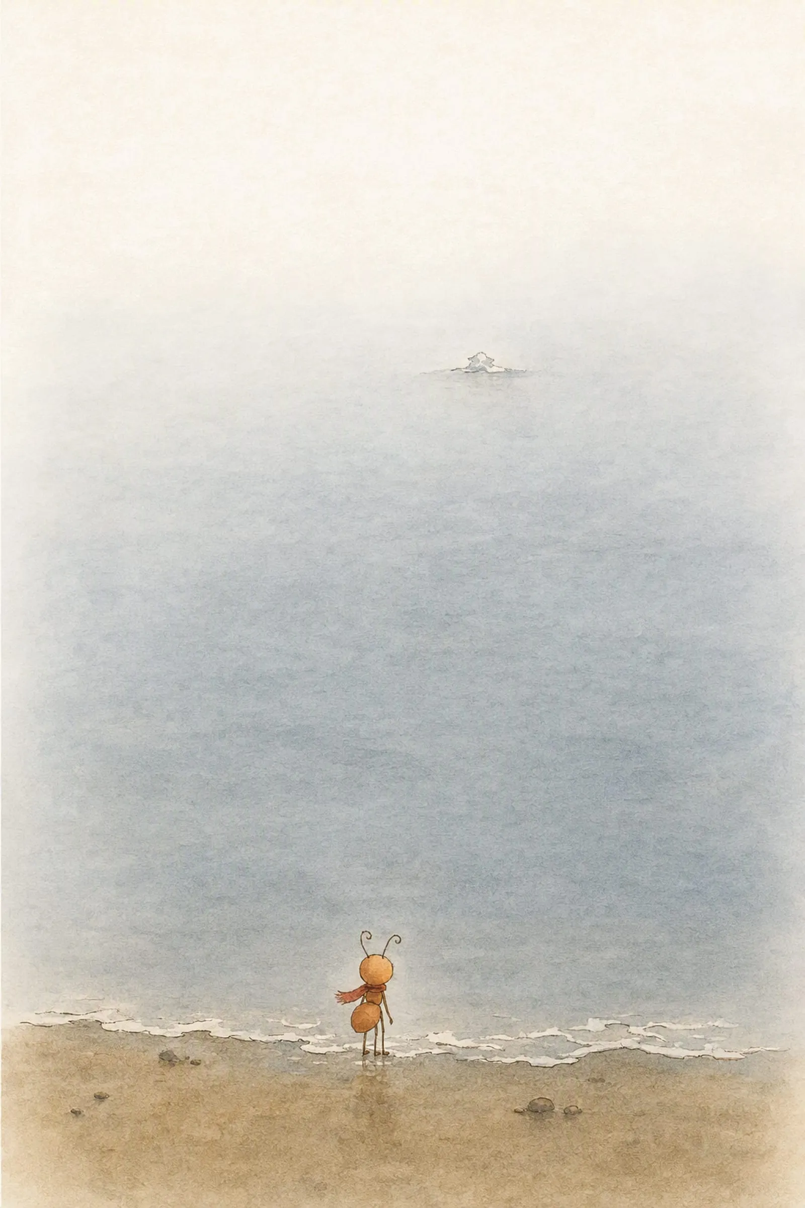 Pip stands tiny in the edge of a vast grey evening sea, watching one faint pale shape a long way out, holding still.