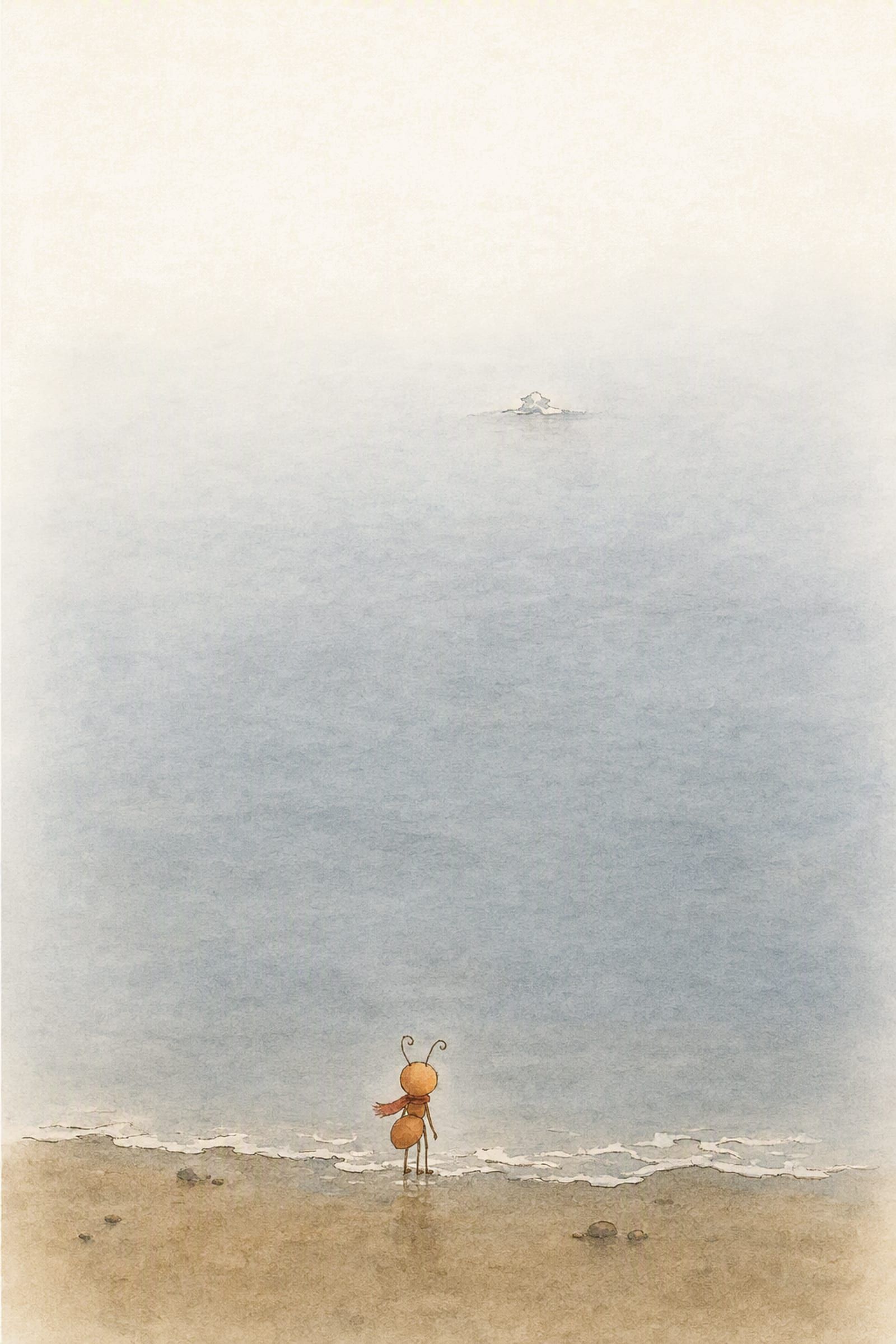 Pip stands tiny in the edge of a vast grey evening sea, watching one faint pale shape a long way out, holding still.