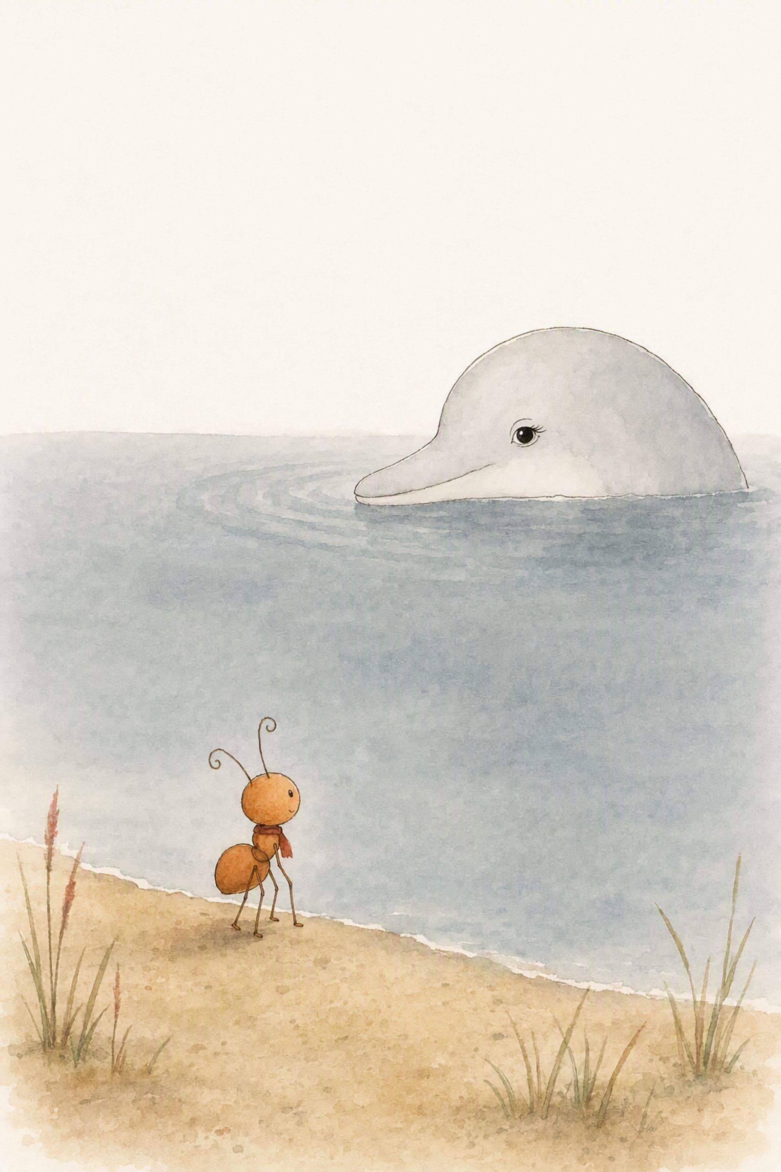 Across the pool, Dawn's head and one calm eye rise on the far side with three soft rings still spreading, and she looks at Pip, who has stopped still on the damp sand in his scarf.