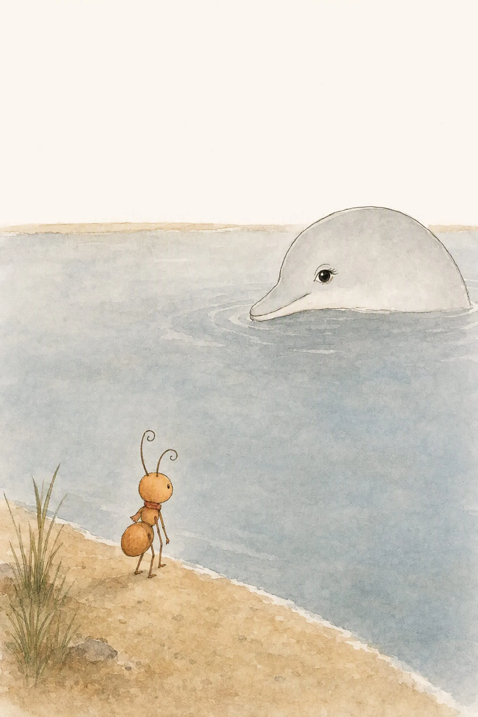 Across the pool, Dawn's head and one calm eye rise on the far side and look at Pip, who has stopped still on the sand.