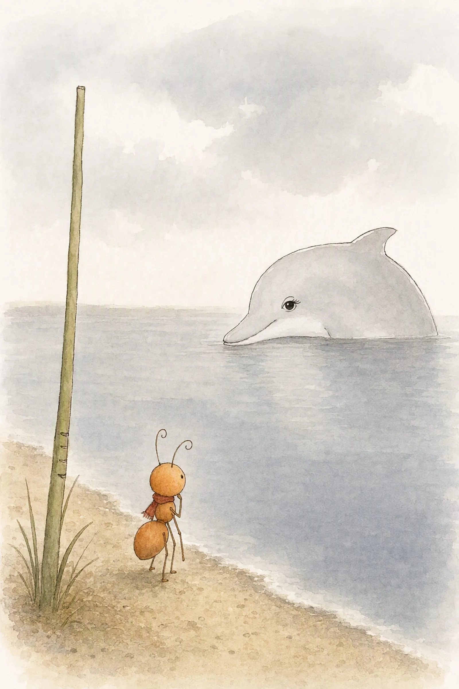 Dawn speaks quietly from the far side of the pool while Pip stands by the second reed, its marks stopping below clean stem, glad and listening.