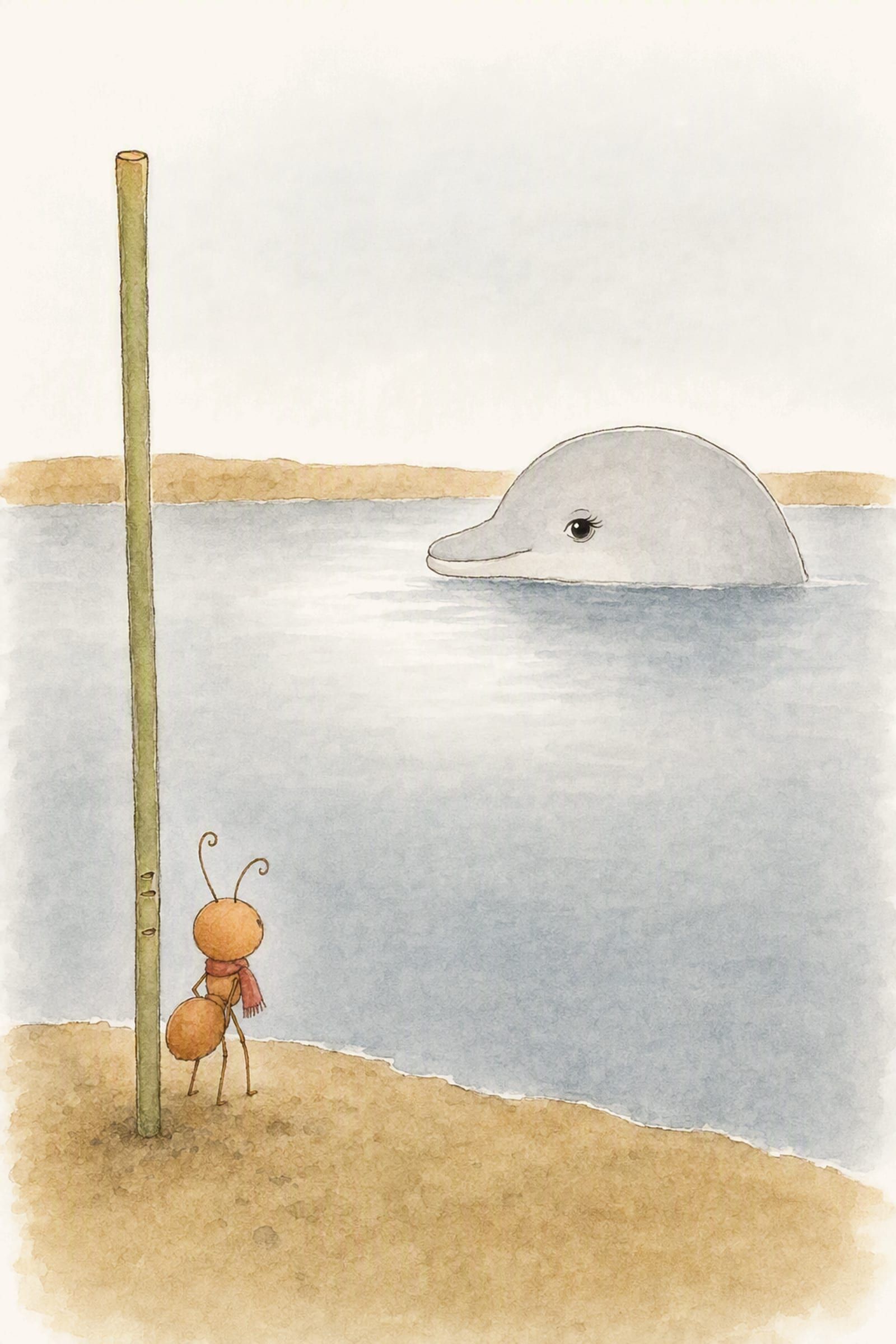 Only Dawn's head and one calm eye show above the small grey pool as she speaks, while Pip stands by the second reed on the near sand, glad and listening.