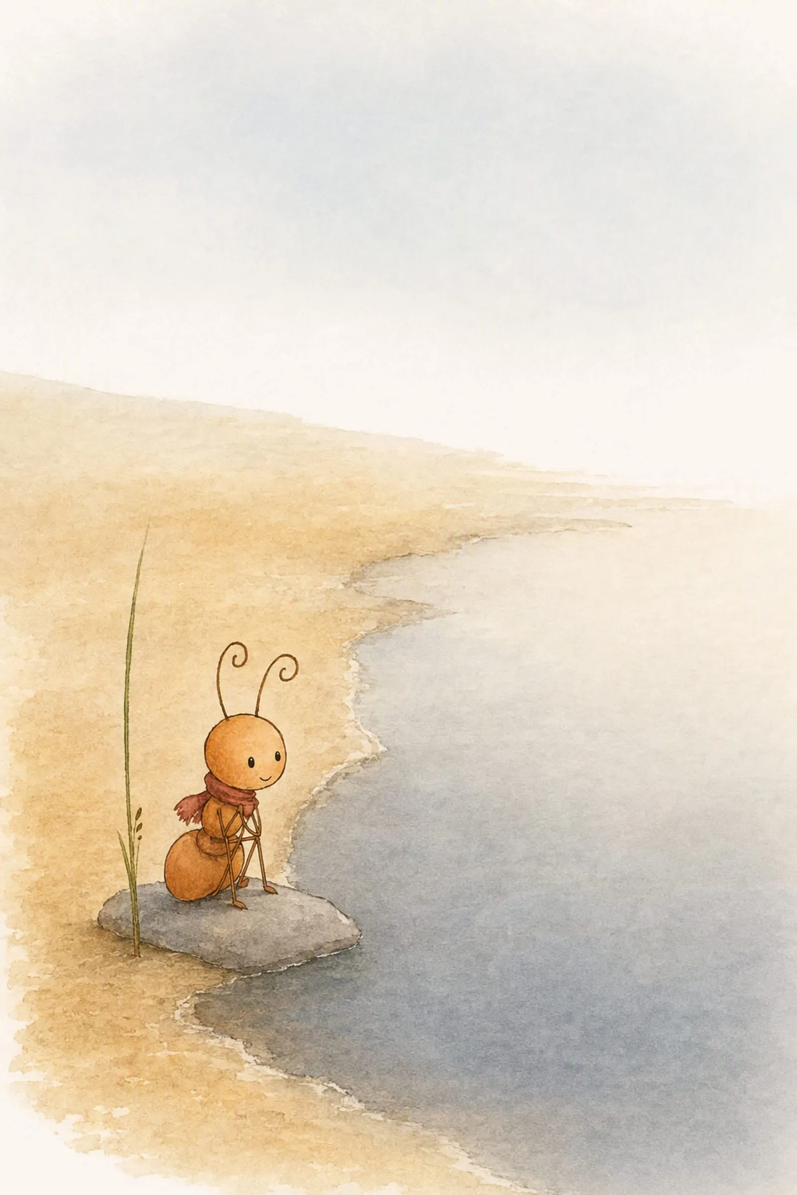 Pip sits alone on the flat grey stone in his scarf beside a marked reed, facing a still grey pool with nobody in it.