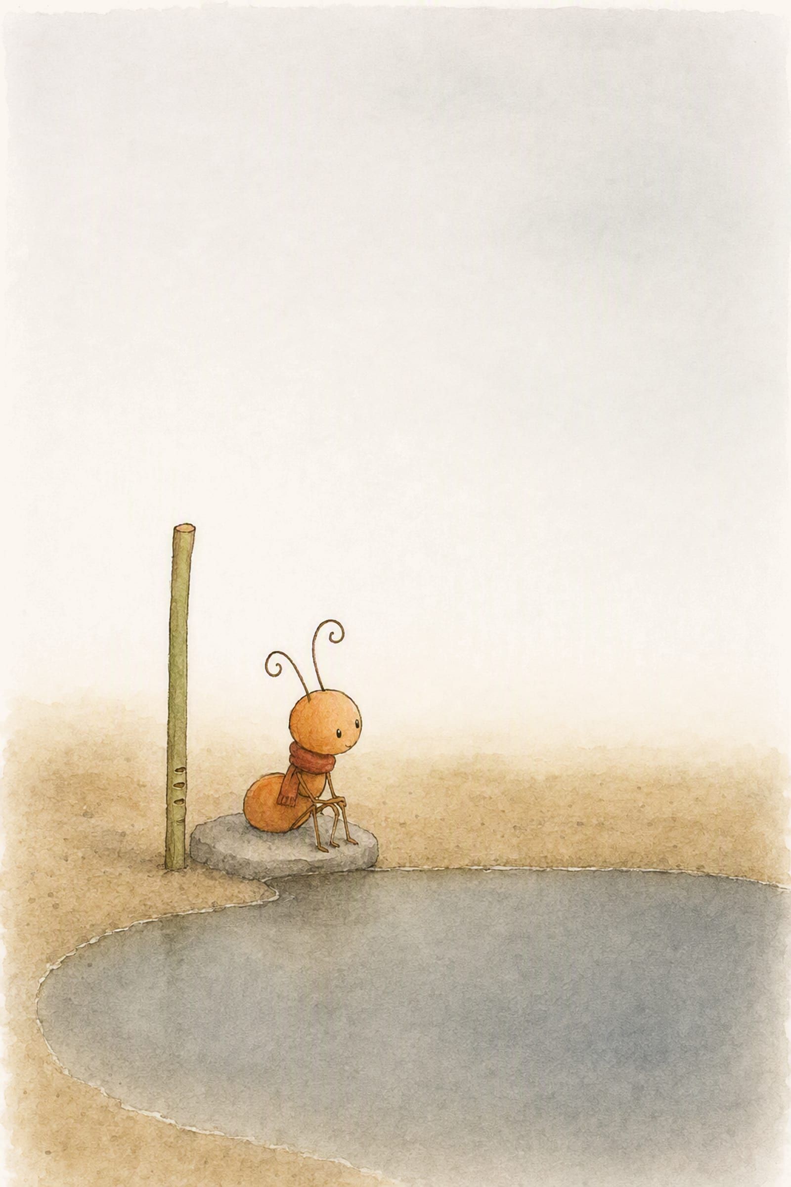 Pip sits alone on the flat grey stone in his scarf beside a marked reed, facing a still grey pool with nobody in it.