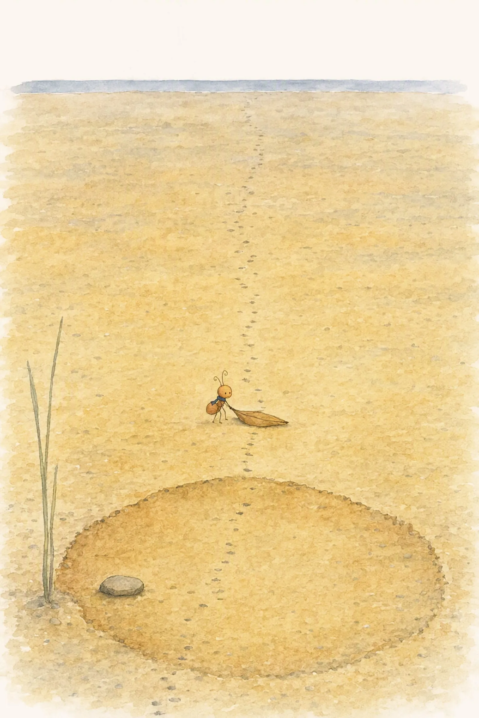 High above a long dry shore, Pip stands beside a fallen leaf laid flat on the sand, measuring towards a thin far line of sea, small and patient.