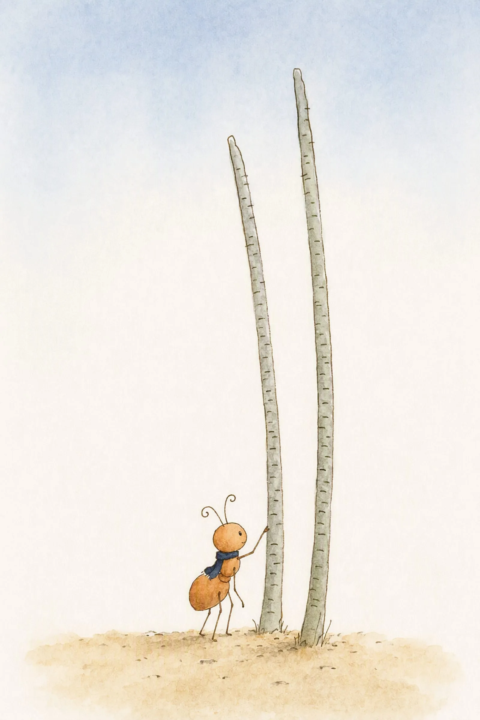 Two tall grey reeds scored with tiny notches stand over Pip, who tips his head back and reads up a stem, careful and businesslike.