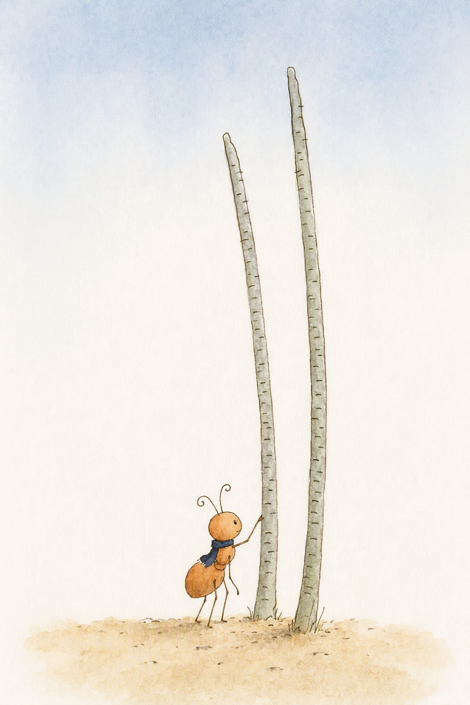 Two tall grey reeds scored with tiny notches stand over Pip, who reaches one limb to a stem and reads up it, careful and businesslike.