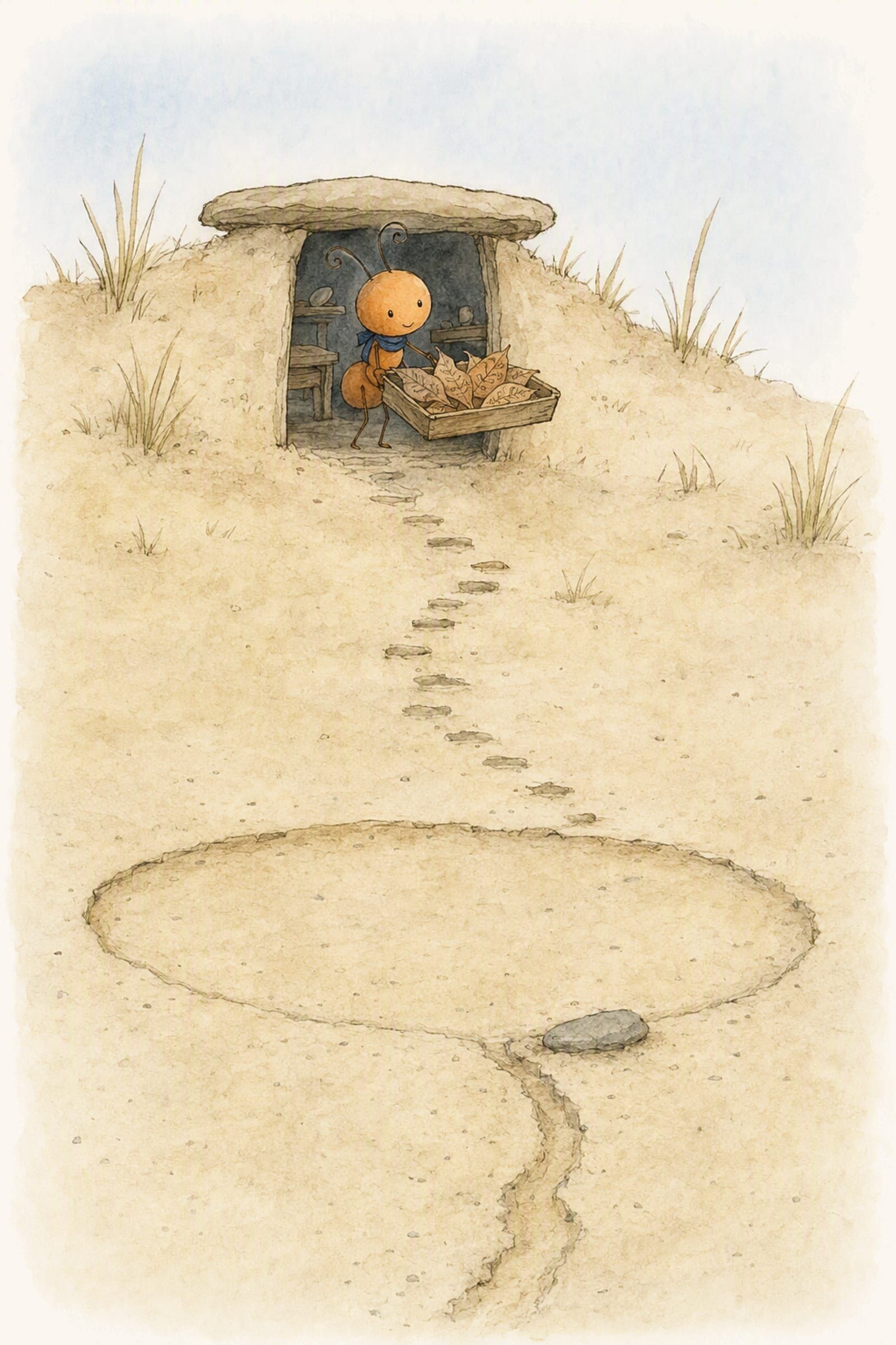 Pip carries a shallow box of marked leaves out of his doorway above the dry shore, with the dried ring and the abandoned channel lying in the sand below.