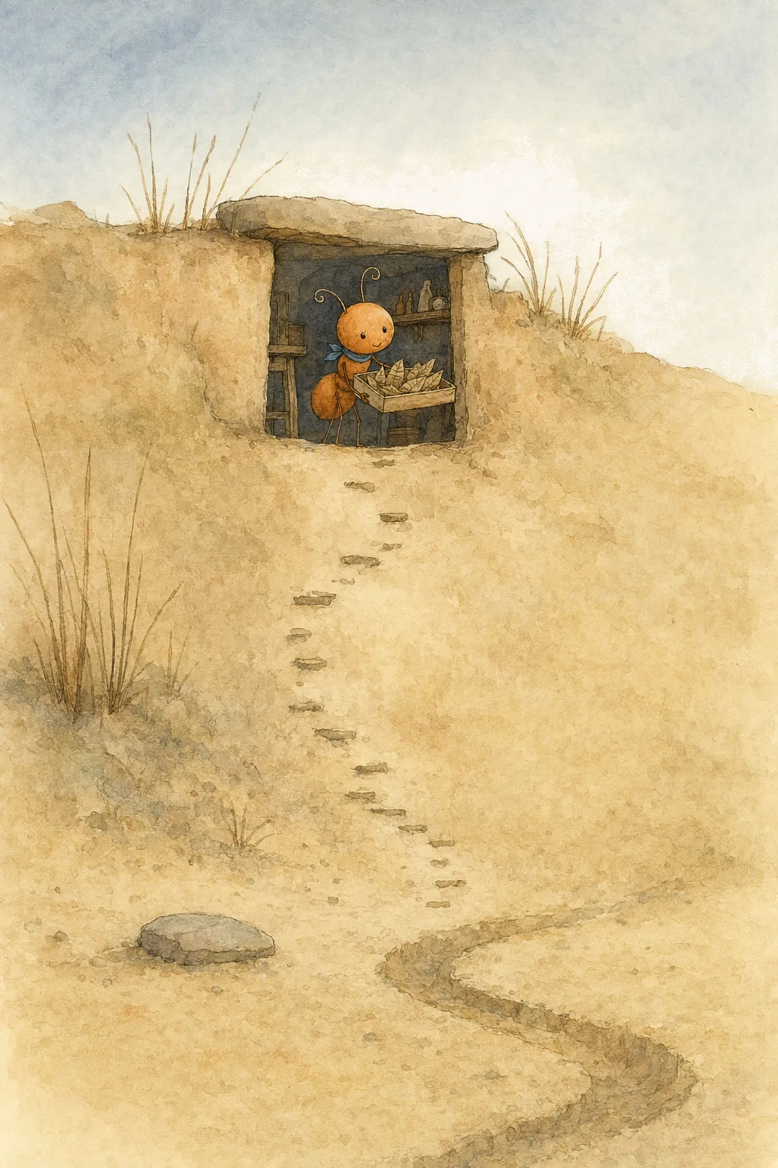 At the open doorway of his burrow above the dry shore, Pip lifts a shallow box of marked leaves down from a shelf, quietly decided.