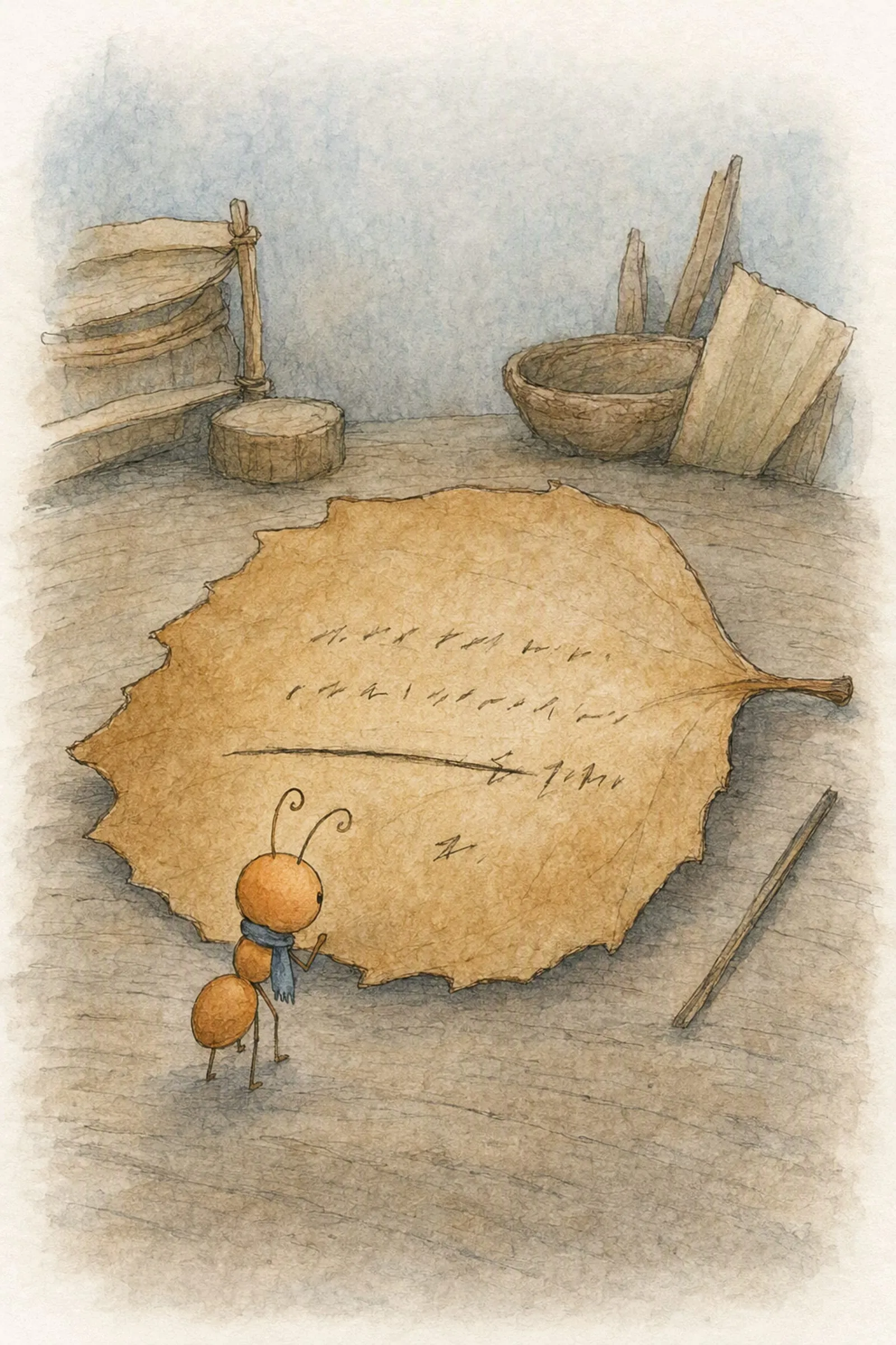 Seen from above, one dry leaf covers the table, its rows of marks crossed through with a single hard scratch, and Pip stands at its edge, level and still.