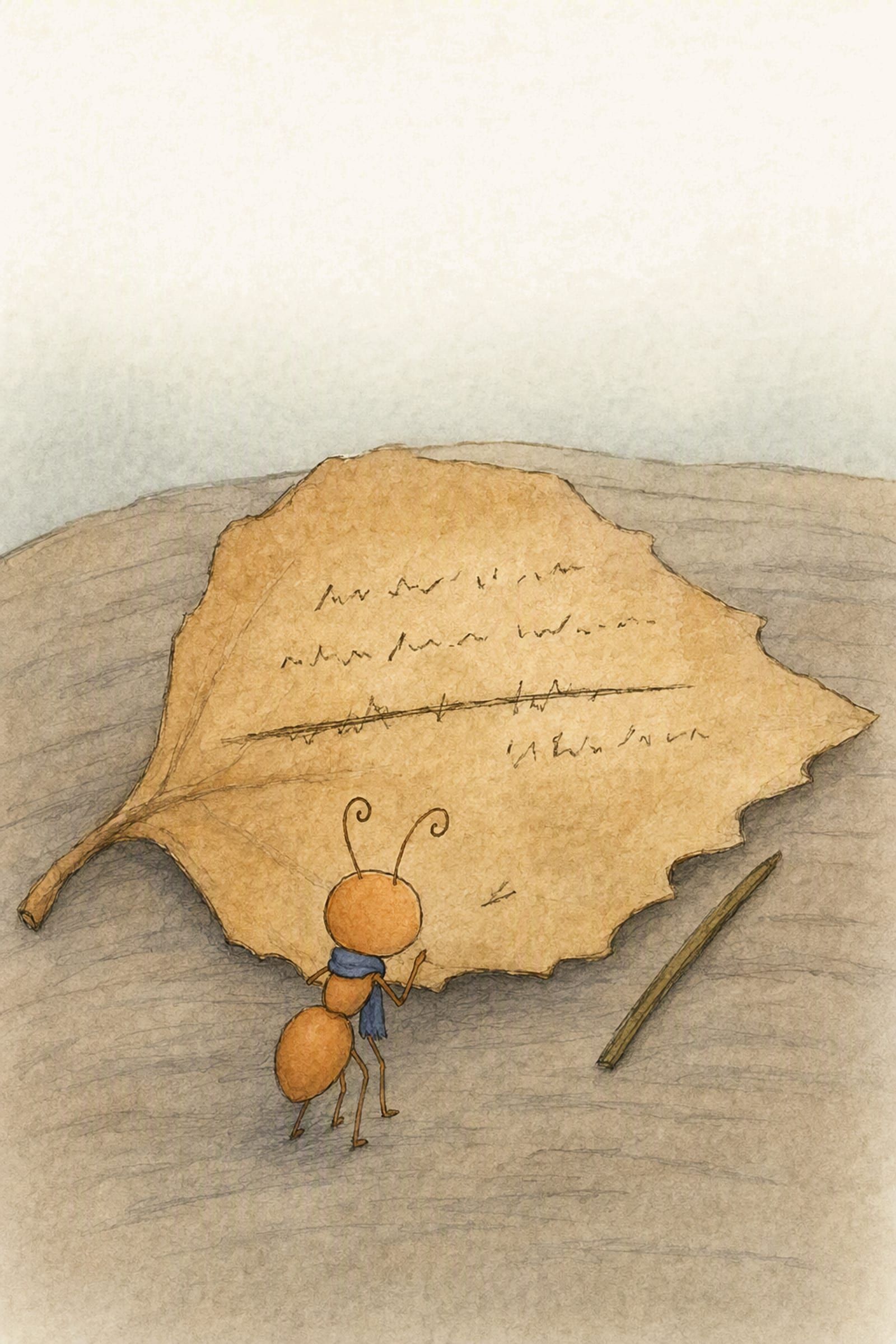 Seen from above, one dry leaf covers the table, its rows of marks crossed through with a single hard scratch, and Pip stands at its edge, level and still.