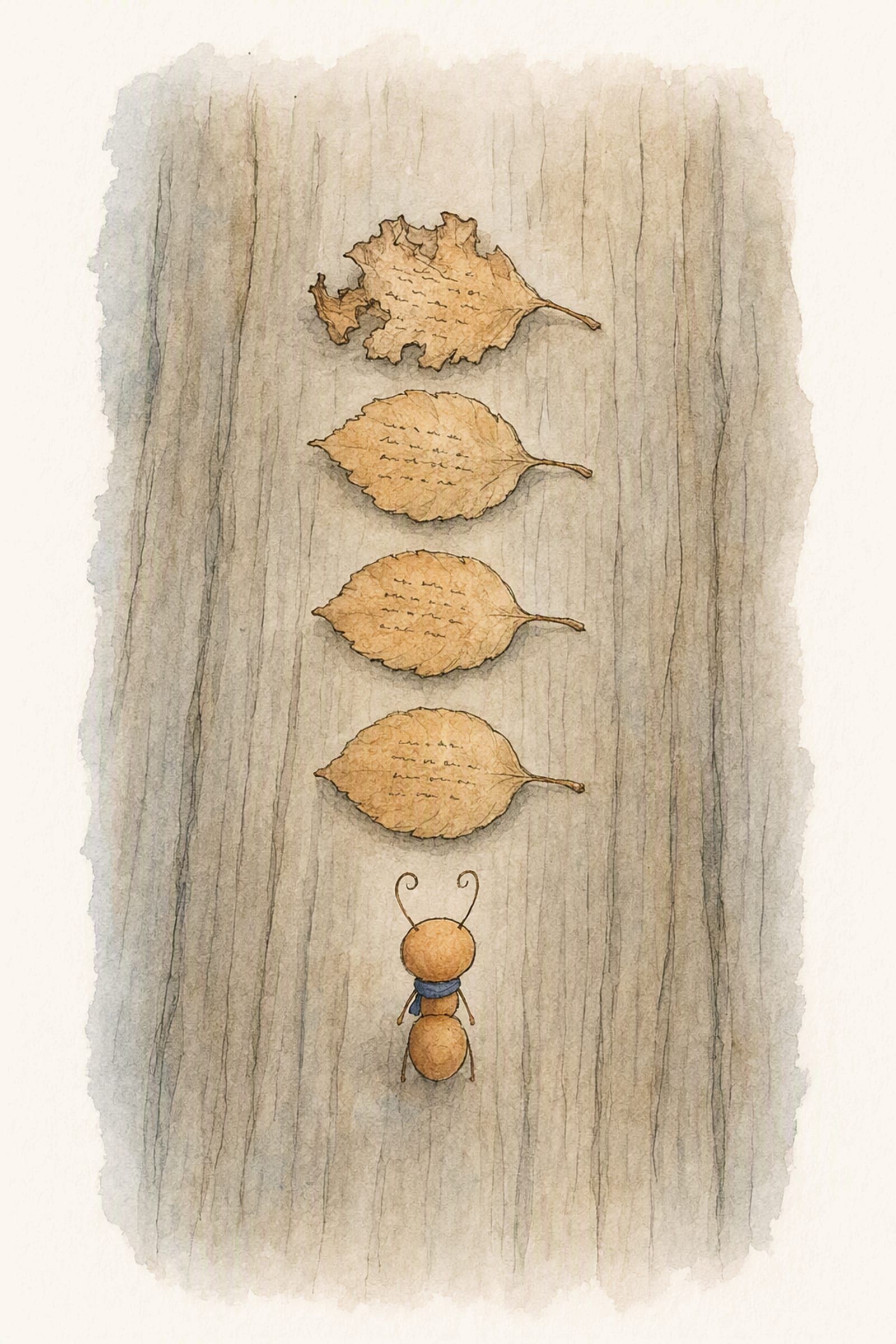 Four dry leaves lie in a row down the salvaged table, each one more worn than the last, and Pip looks along them from the near end, orderly and quiet.