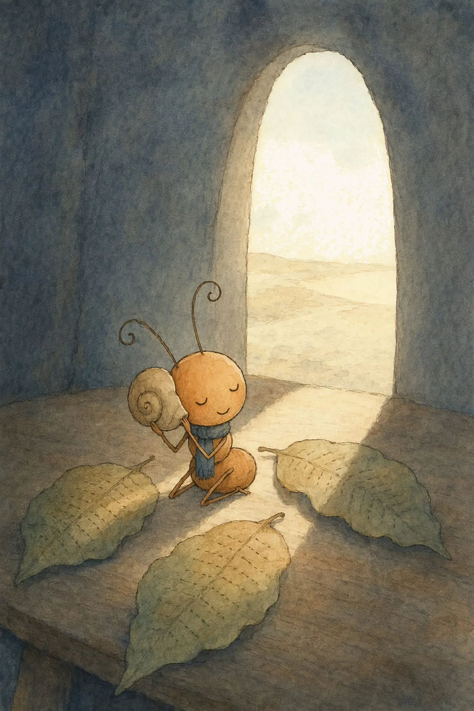 Pip sits among the laid-out leaves holding a small curled shell against his head with both arms, his eyes closed, listening with his whole body.