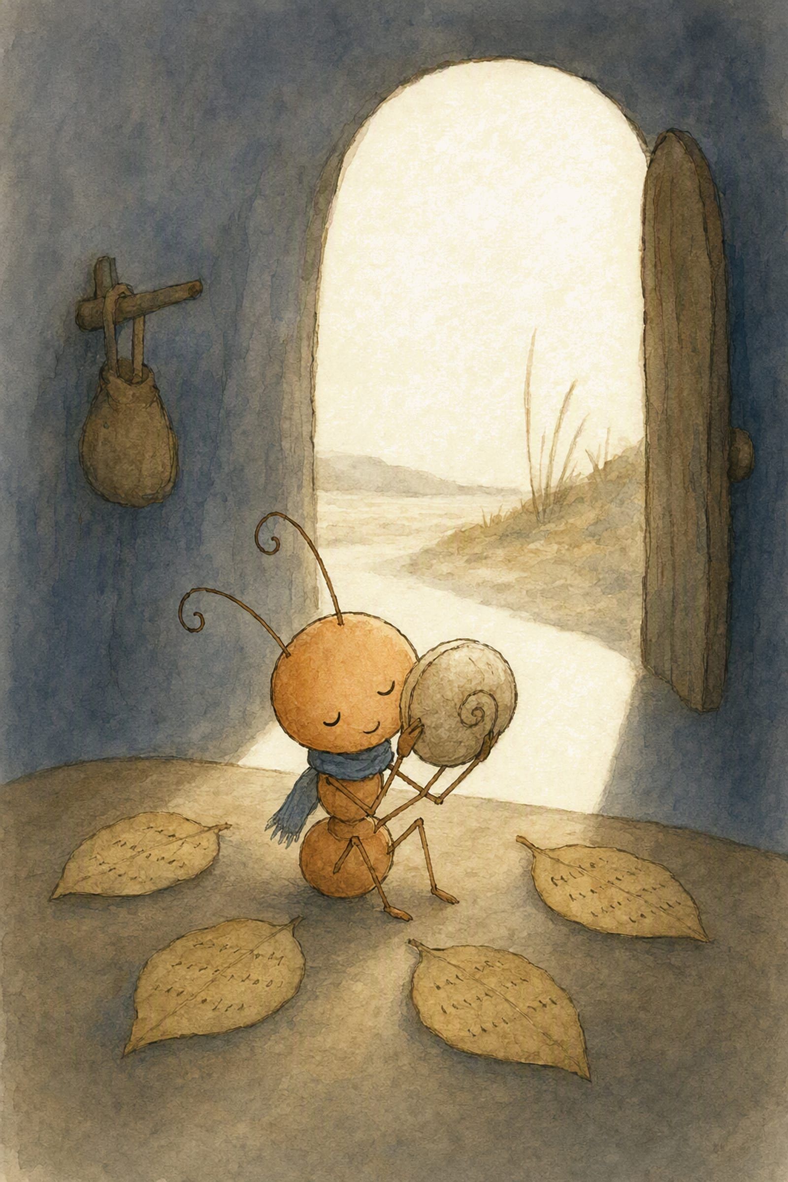 Pip sits in his scarf inside the burrow among the four marked leaves laid out around him, the curled shell held to the side of his head with both front limbs and his eyes closed, one pale wedge of light lying in from the open door.