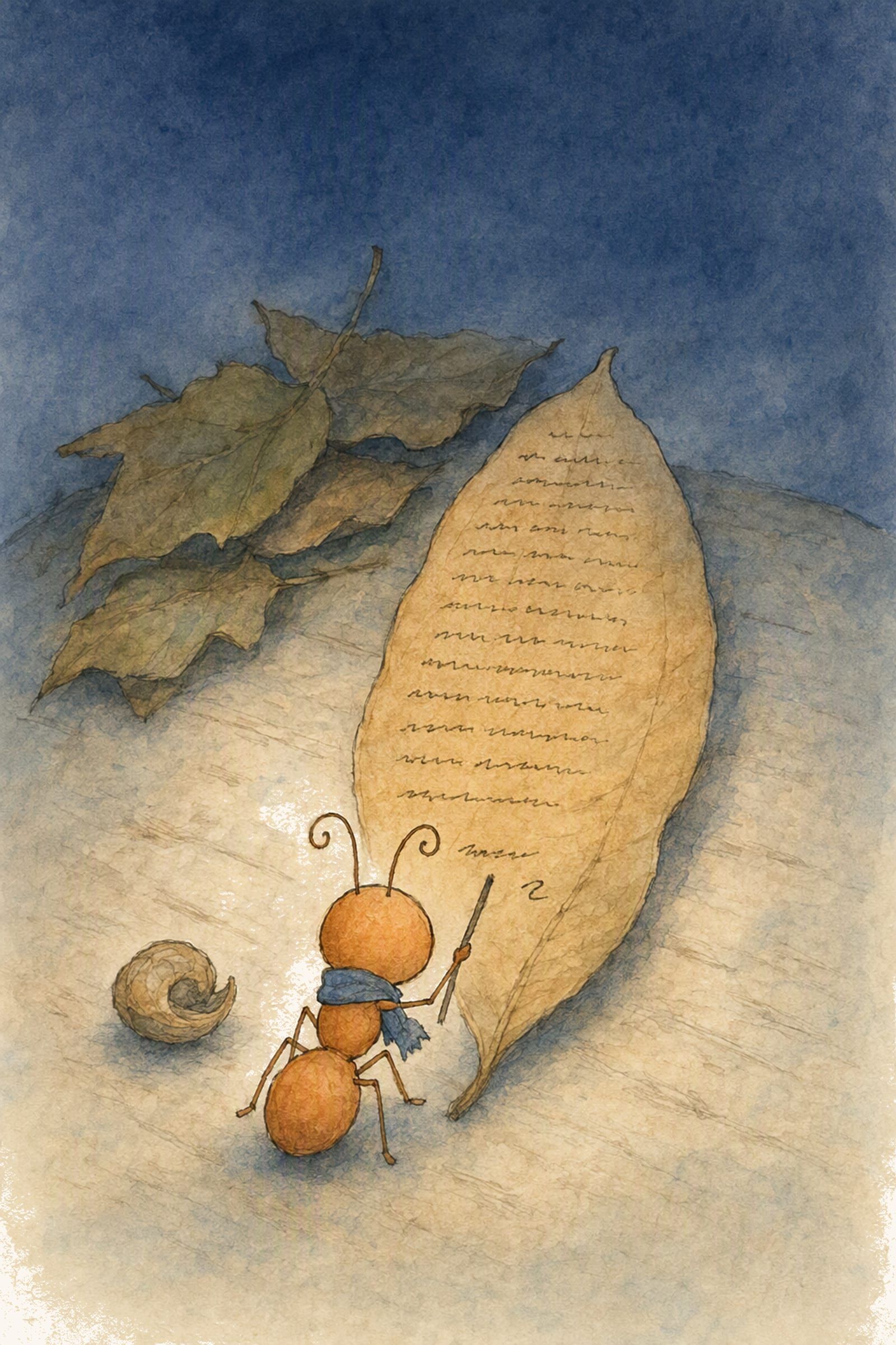 From over his shoulder, Pip works down a long leaf filling with rows of marks, the small curled shell beside him, late and intent.