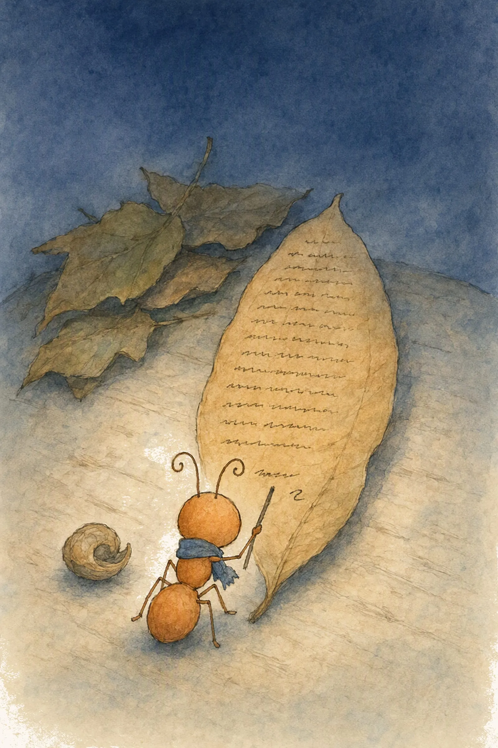 From over his shoulder, Pip works down a long leaf filling with rows of marks, the small curled shell beside his elbow, late and intent.