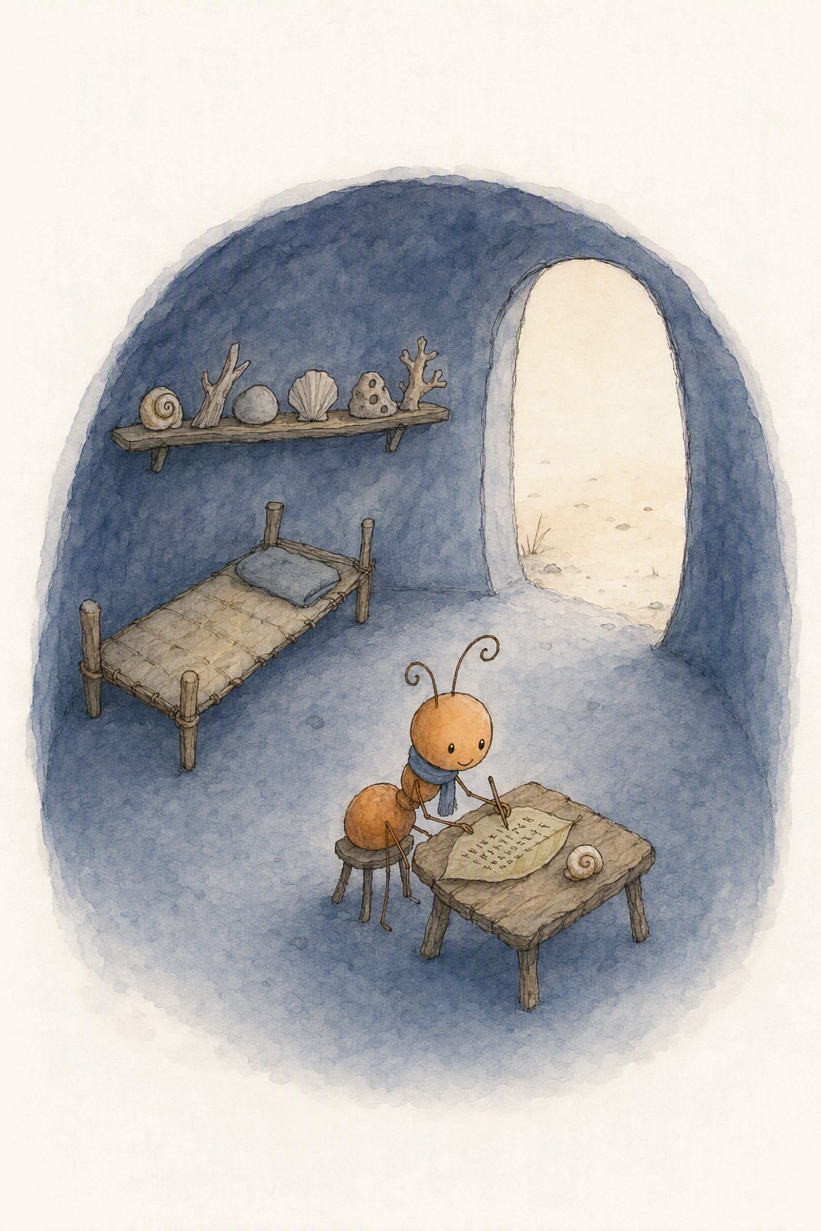 The whole small burrow in a few lines, and Pip very small at the salvaged table writing on one leaf by the pale light of the open doorway, settled.