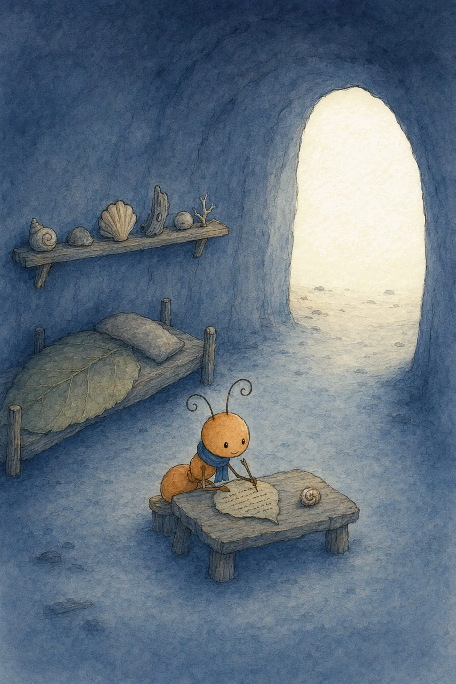 The whole small burrow in a few lines, and Pip very small at the salvaged table writing on one leaf by the pale light of the open doorway, settled.