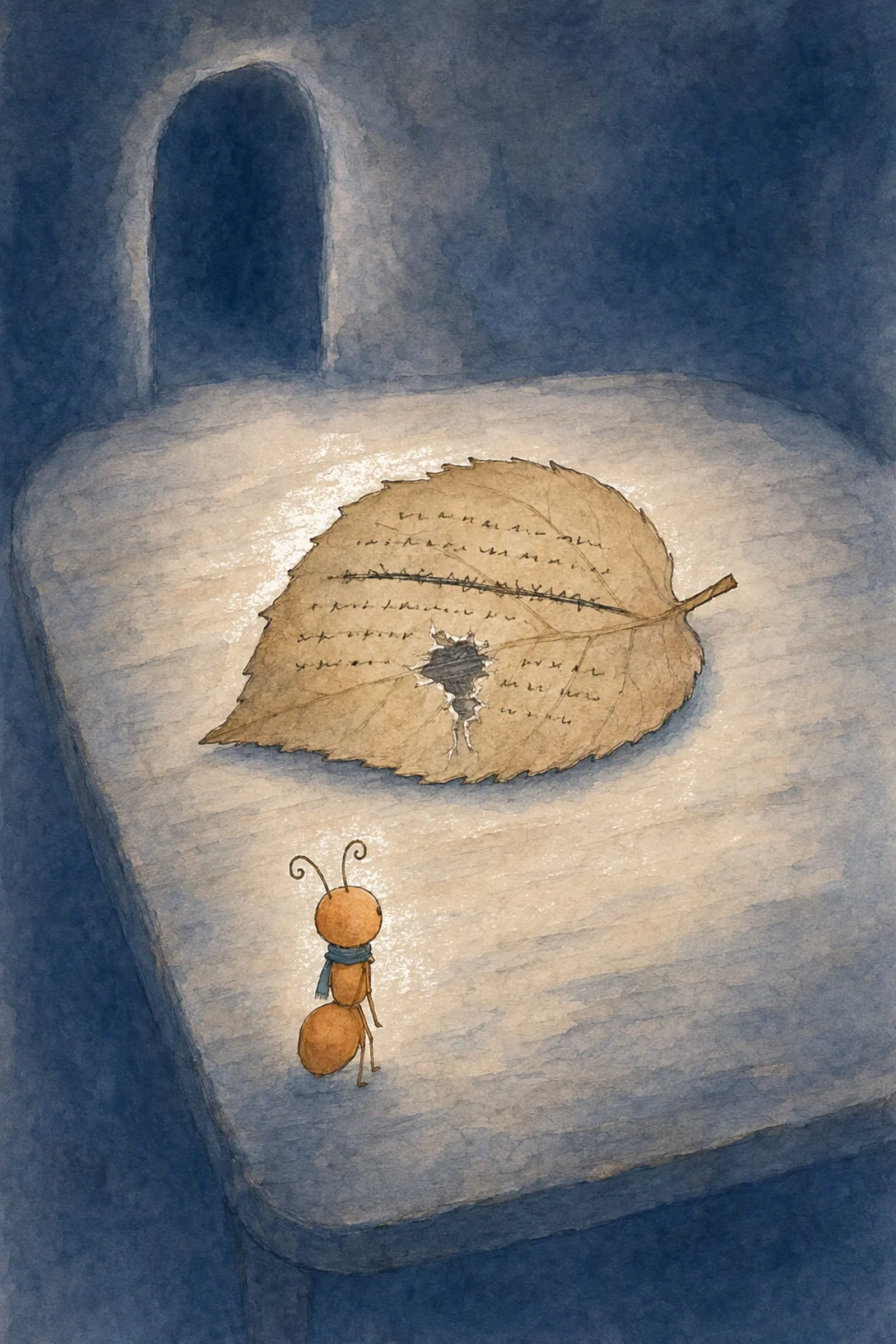 One torn leaf lies alone on the table with a hard scratch struck across it, and Pip sits back from it upright and still, not touching it.