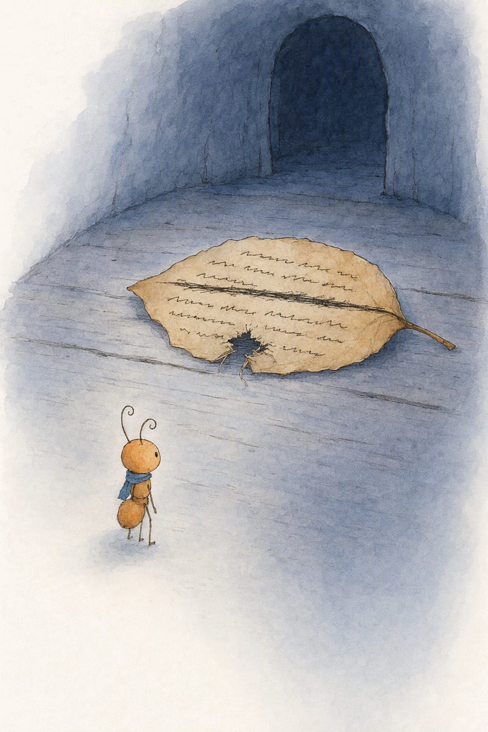 One torn leaf lies alone in the quiet room with a hard scratch struck across it, and Pip stands back from it upright and still, not touching it.