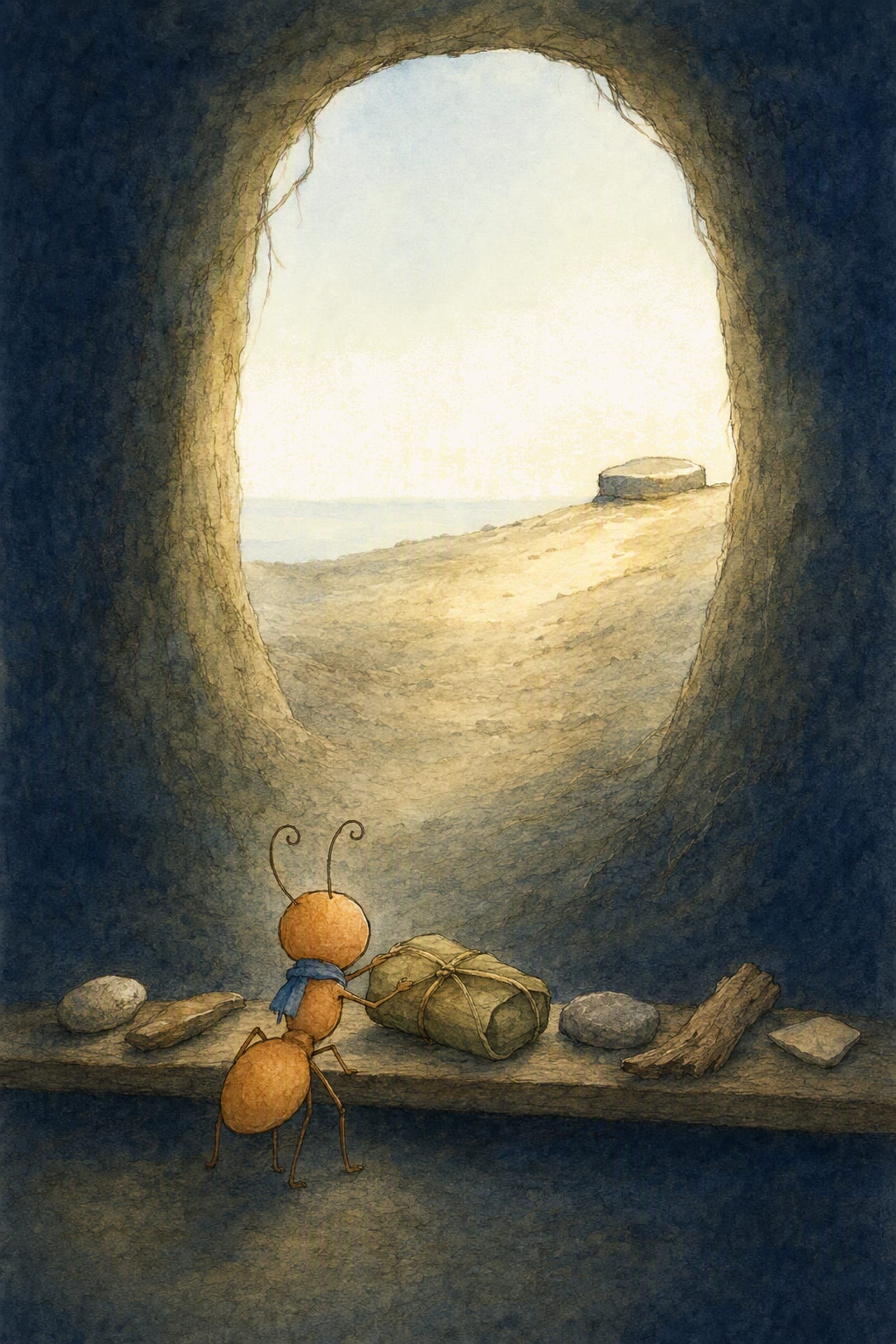 Pip pushes a small wrapped bundle to the back of his shelf, and beyond the doorway the grey stone stands empty on the rise in the first light.