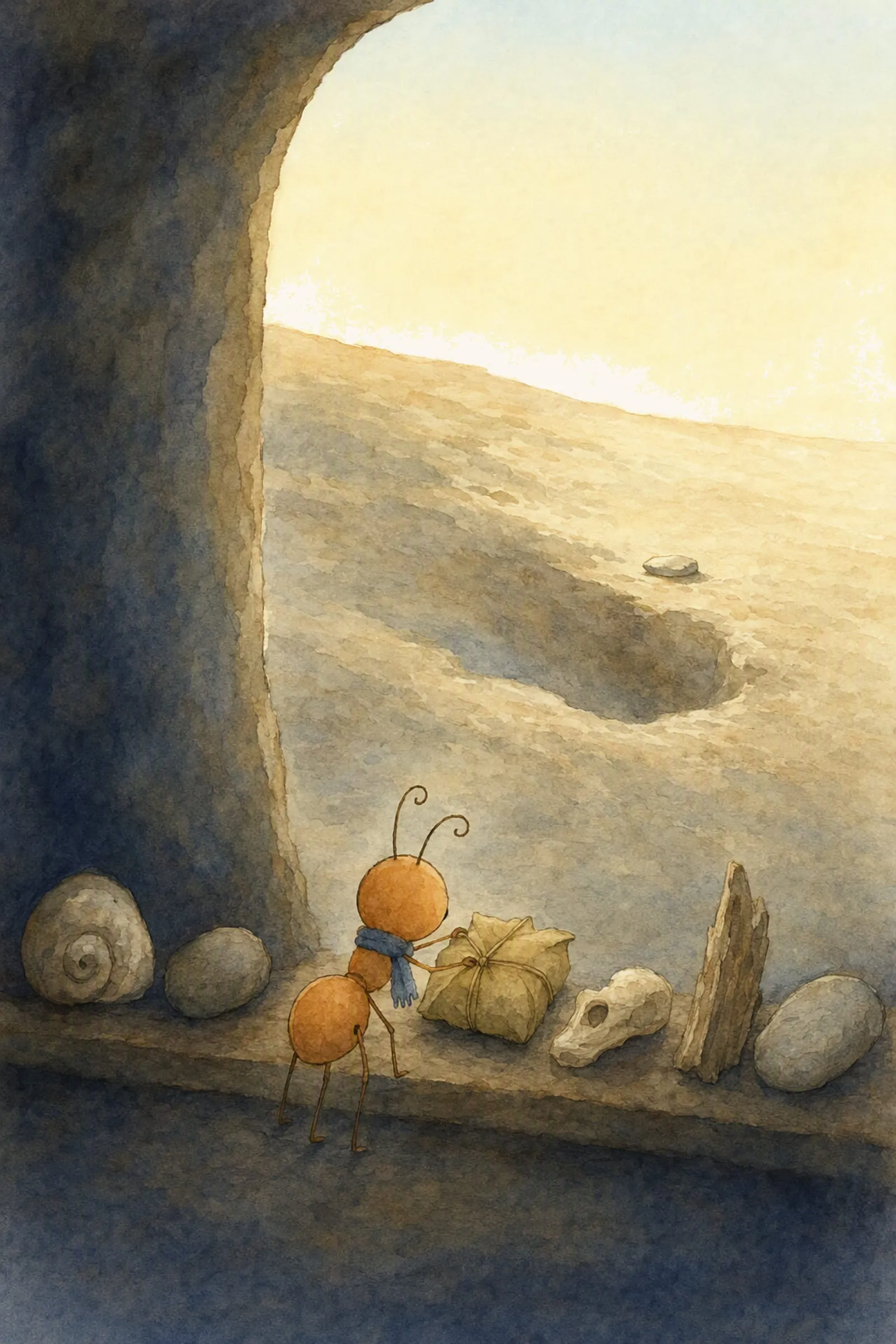 Pip pushes a small wrapped bundle to the back of his shelf, and beyond the doorway the grey stone stands far down the dry shore in the first light, empty.