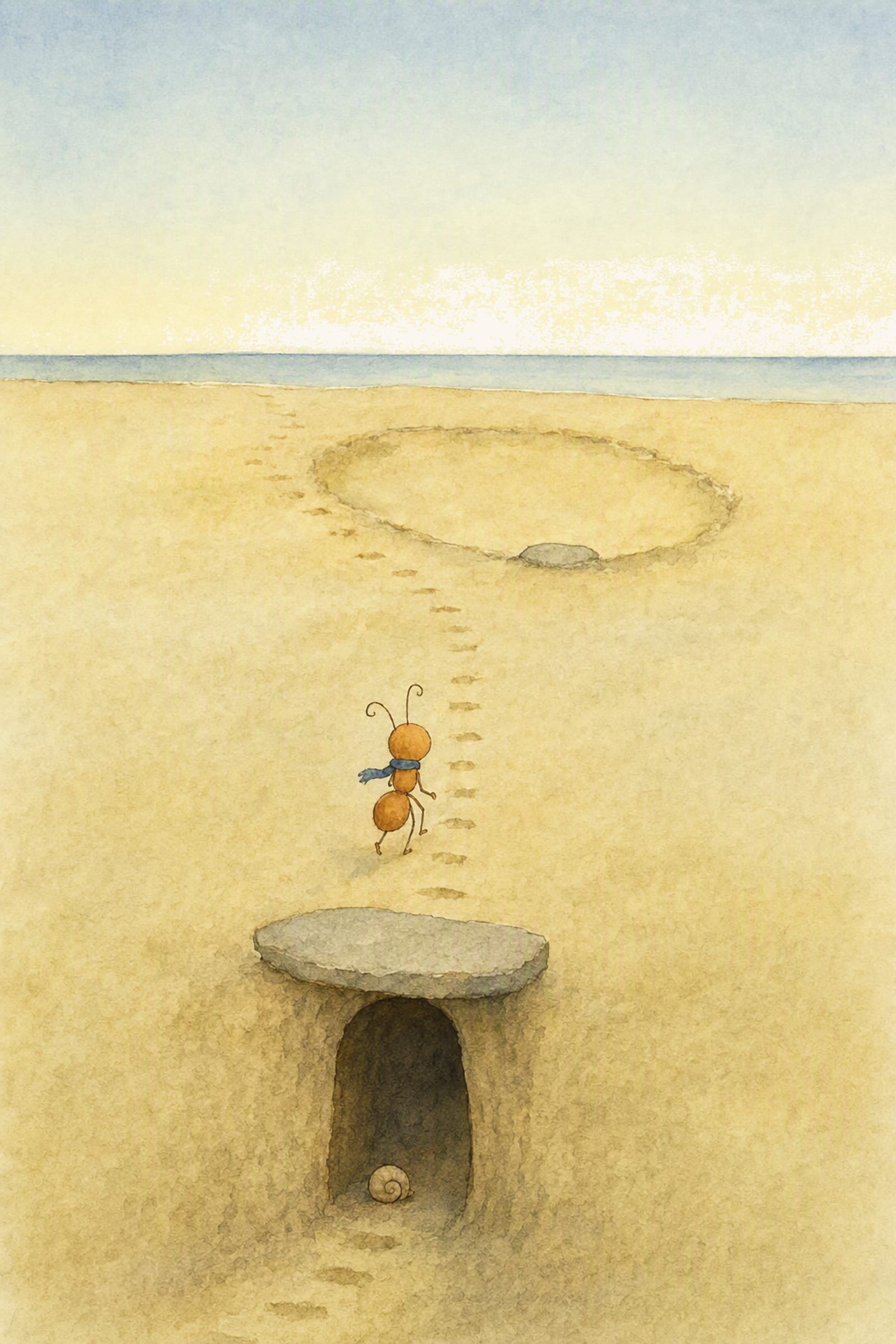 Pip walks away down the tiny worn steps with the small curled shell left inside his doorway behind him, the sky changing over the dry sand, unhurried.