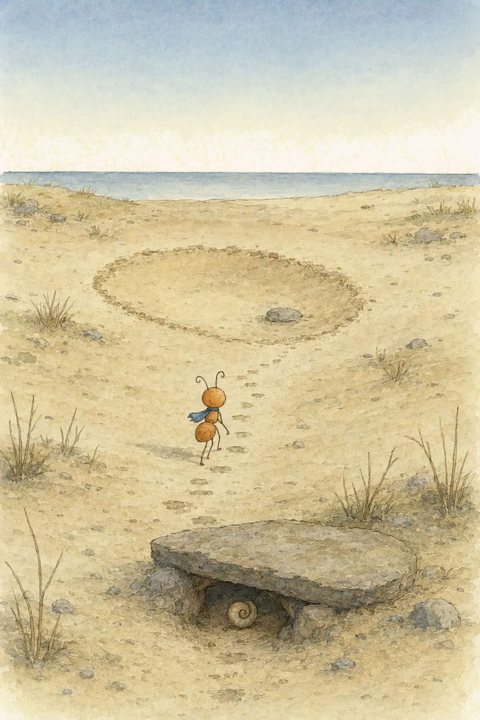 Pip walks away down the tiny worn steps with the small curled shell left inside his doorway behind him, the sky changing over the dry sand, unhurried.