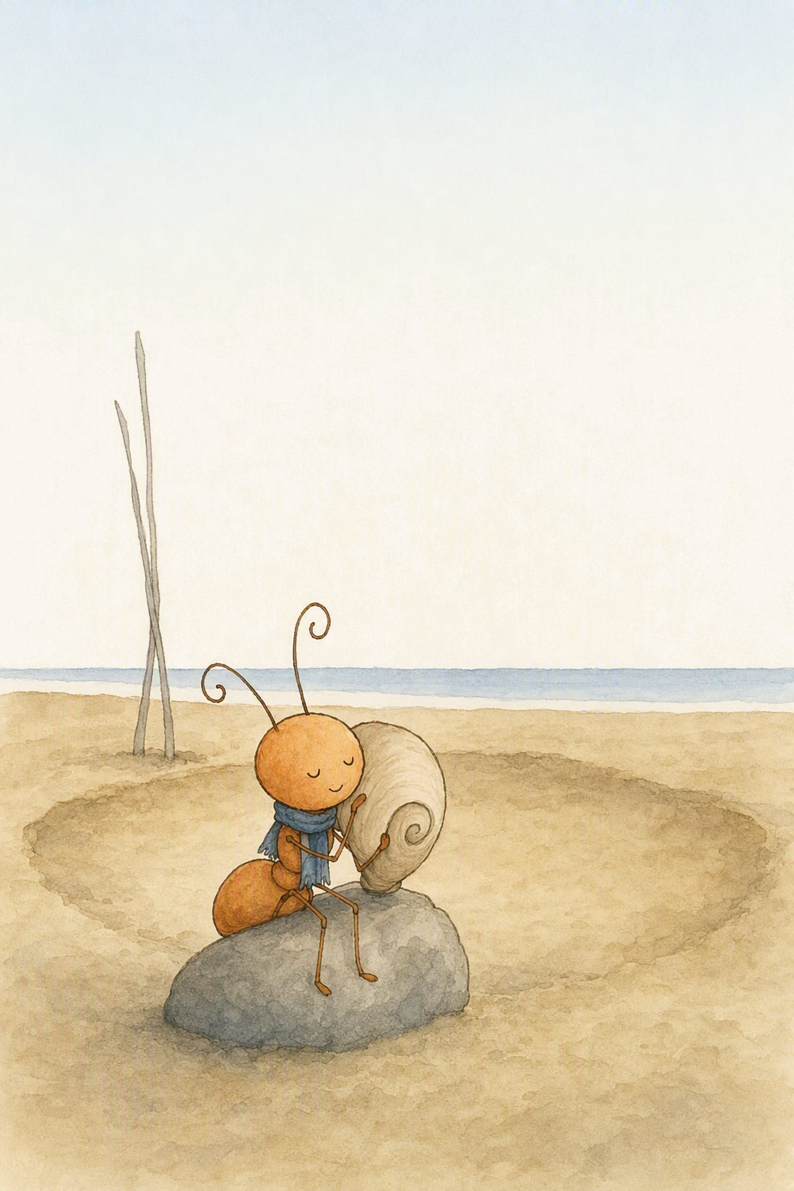 Pip sits in his scarf on the flat grey stone in the dry hollow, a shell almost his own size held to his head with both arms, the sea a thin line far away.