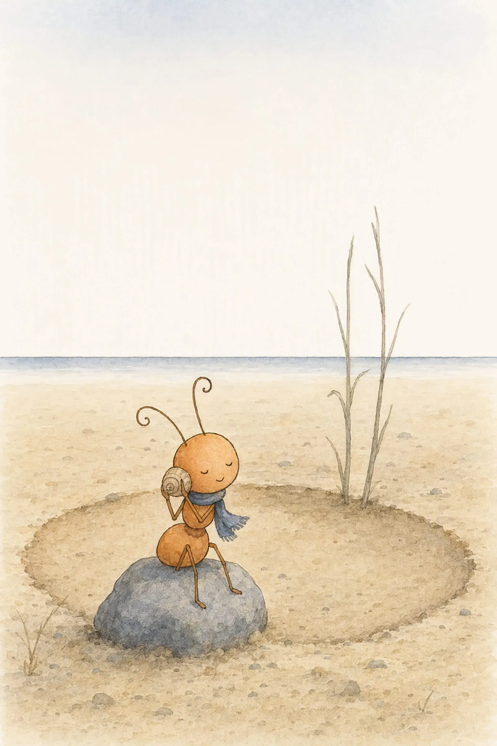 Pip sits in his scarf on the flat grey stone in the dry hollow, holding the shell to his ear, the sea a thin line far away.