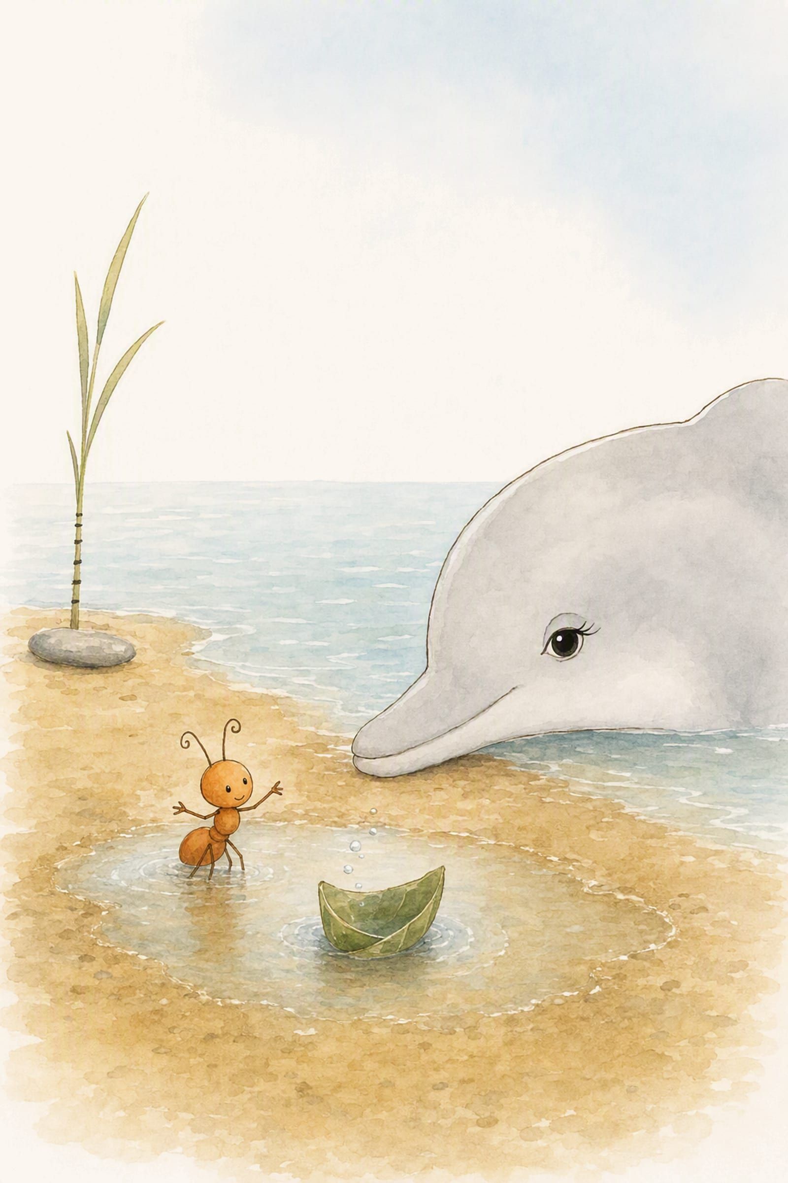Pip stands up in the puddle with both front limbs out, reporting, his folded leaf bell floating beside him while Dawn lays her huge head on the sand to listen.
