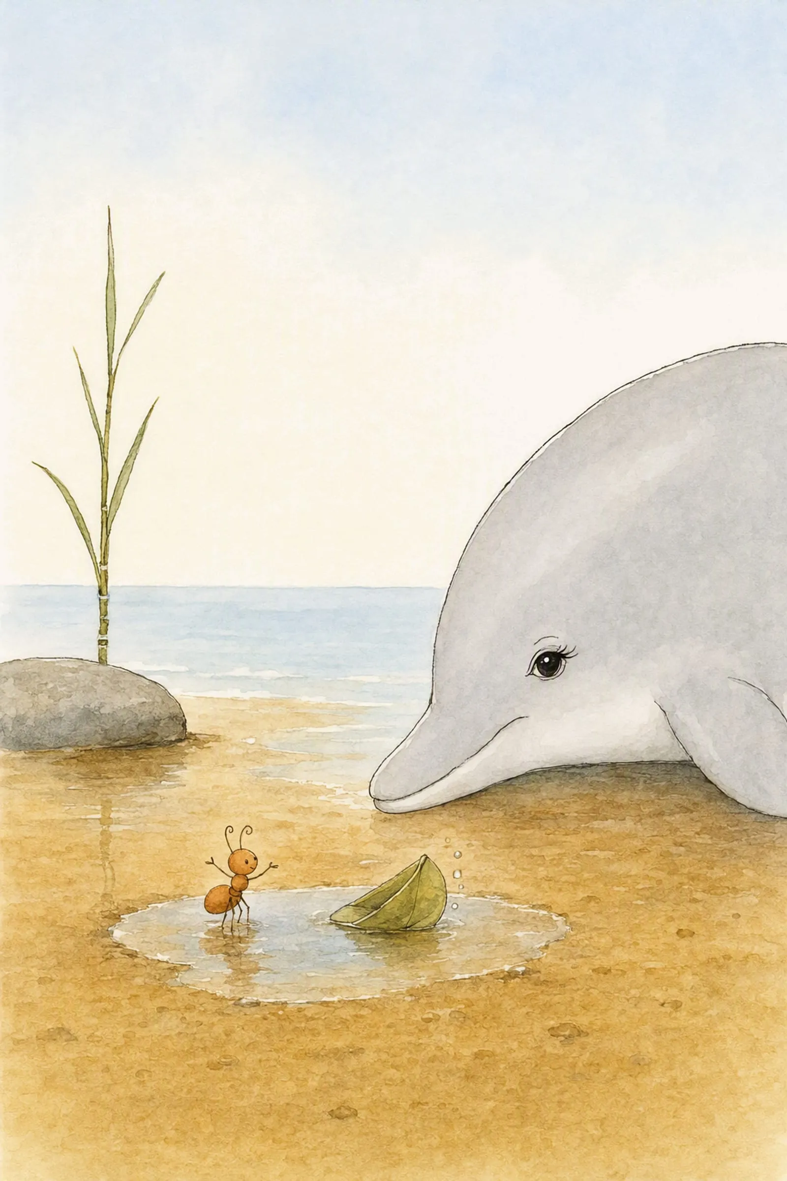 Pip stands up in a puddle beside his tipped folded leaf and reports, while Dawn lays her huge head on the sand to listen, fond and patient.
