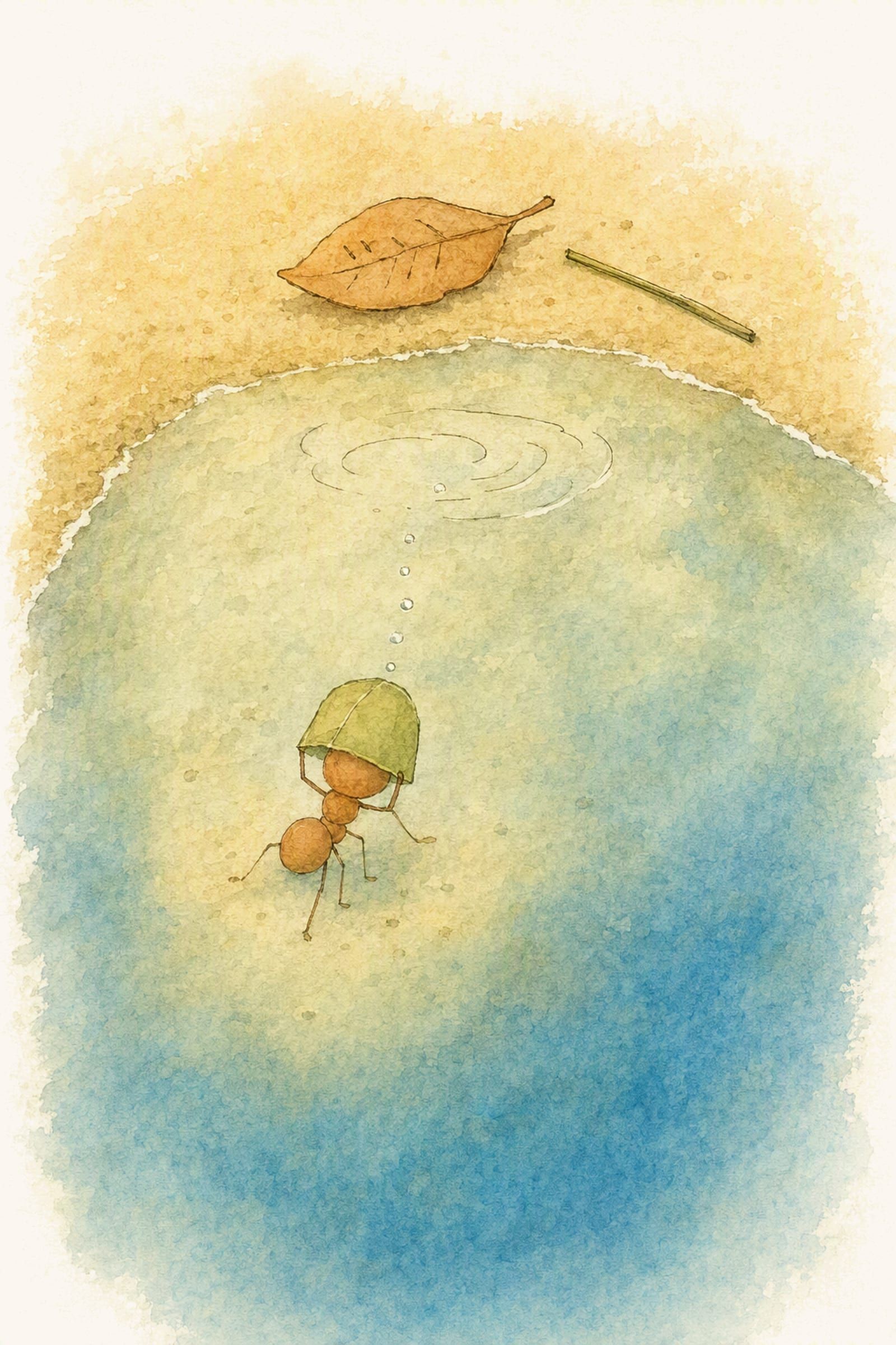 Pip stands on the pale sand at the bottom of the shallow pool with the folded leaf worn upside down over his head, small and methodical.