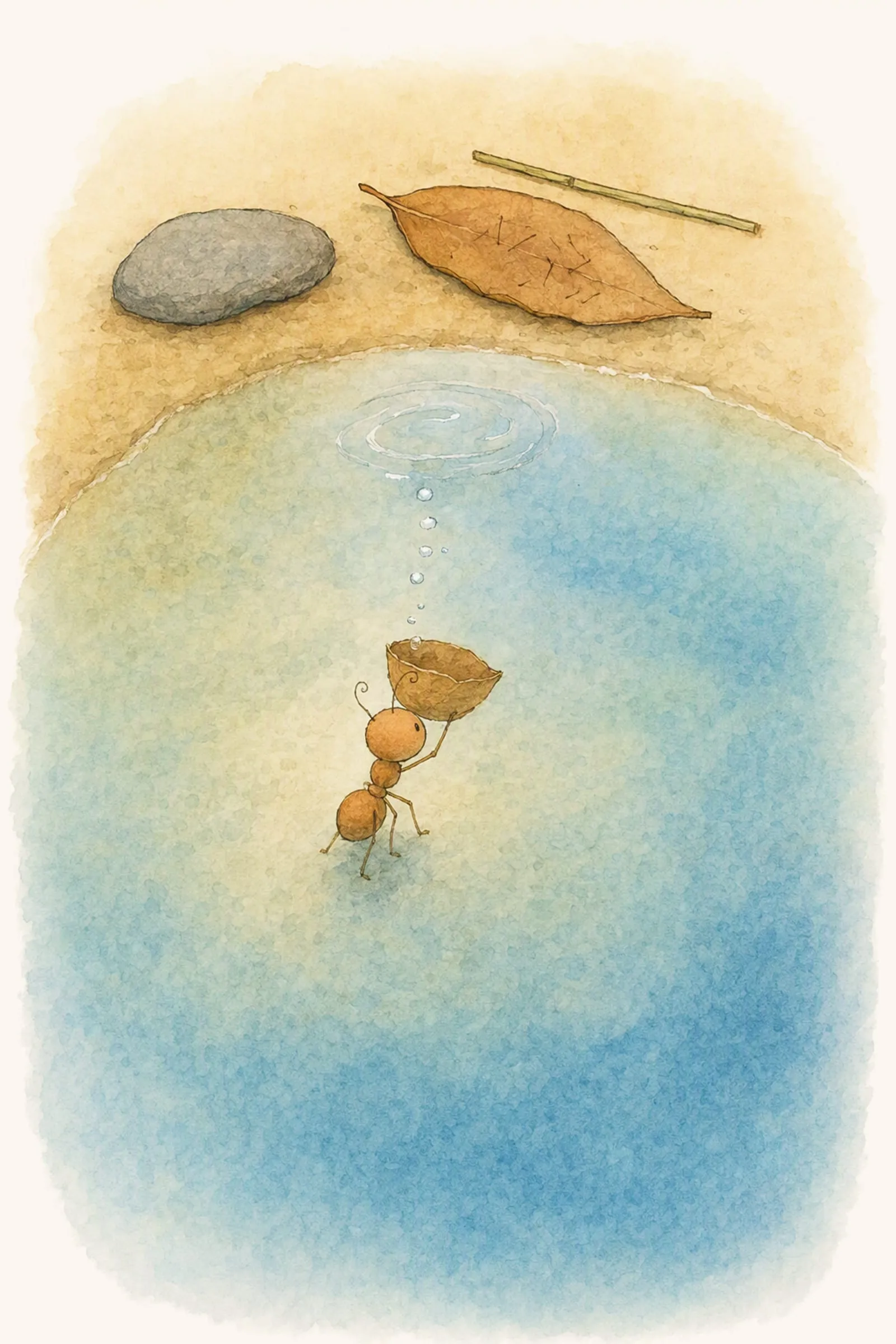 Pip touches the pale sand at the bottom of a clear shallow pool with a folded leaf held over his head, small and methodical.