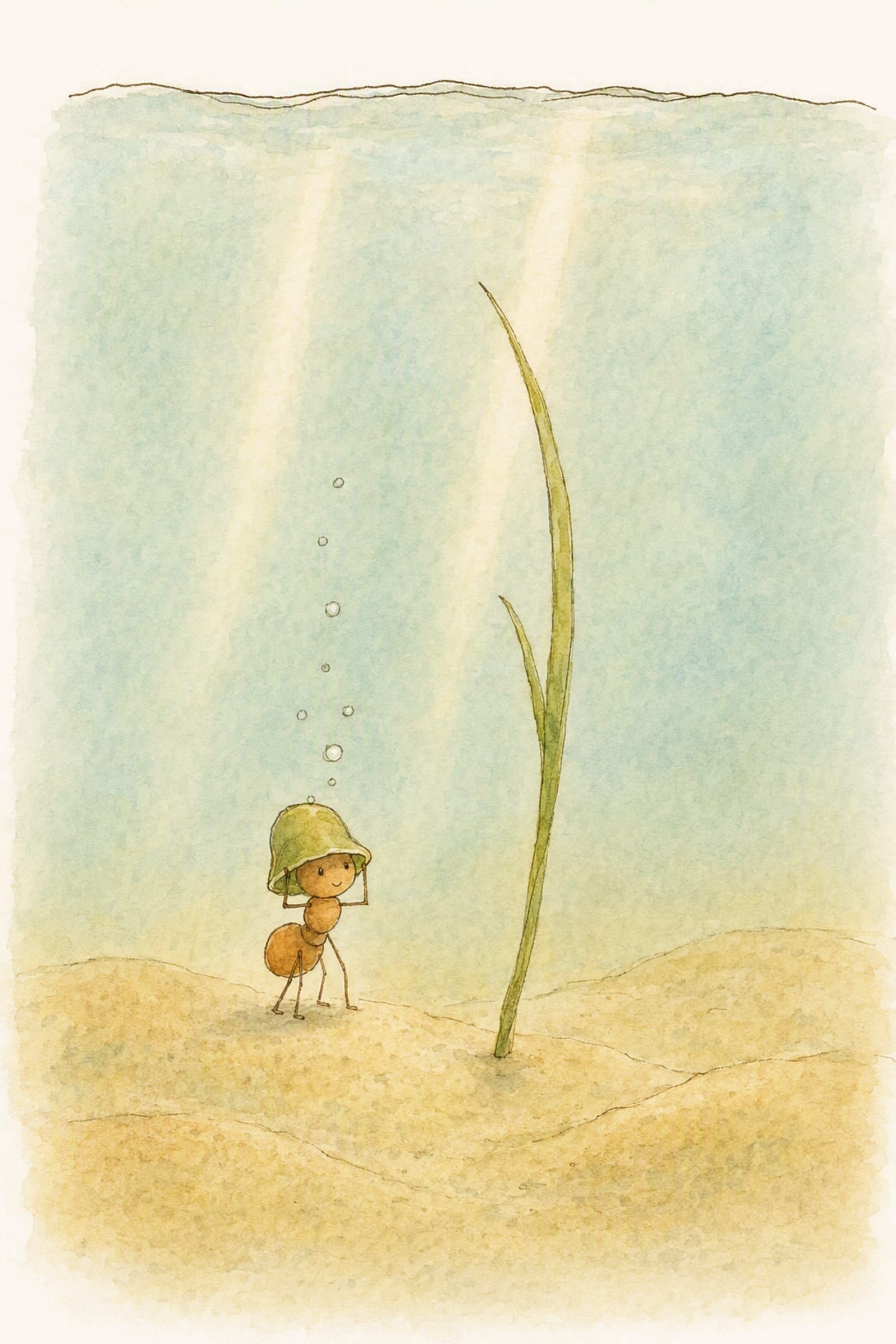 Under the water Pip stands among low ridges of sand beside one tall strand of weed, the folded leaf worn upside down over his head, tiny and full of wonder.