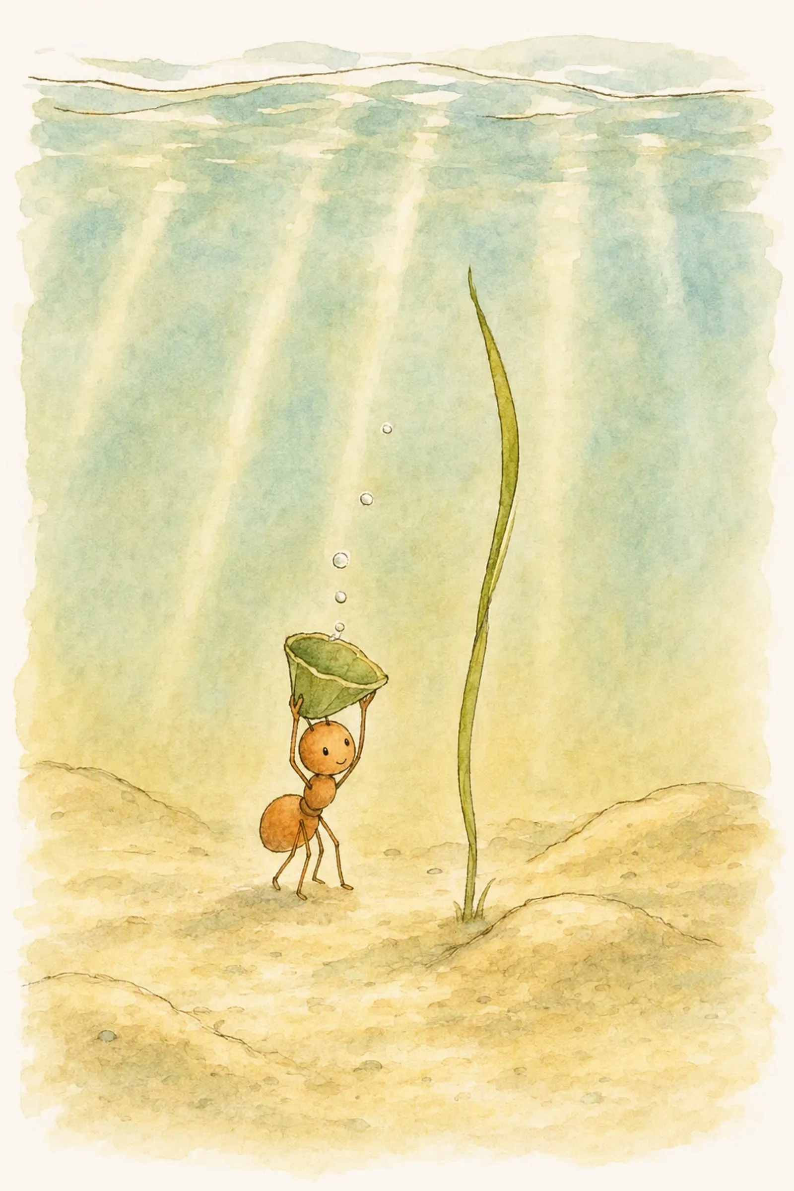 Under the water Pip stands among low ridges of sand beside one tall strand of weed, a folded leaf over his head, tiny and full of wonder.